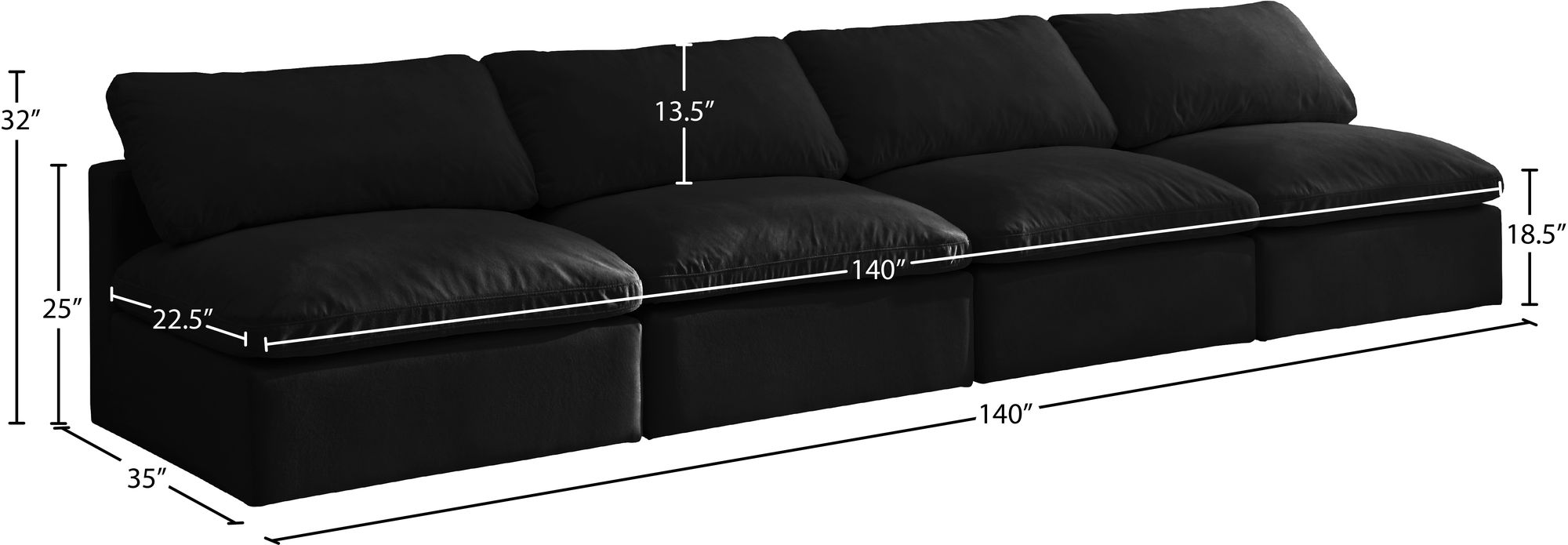 Plush 140" Velvet Standard Comfort Modular Armless Sofa