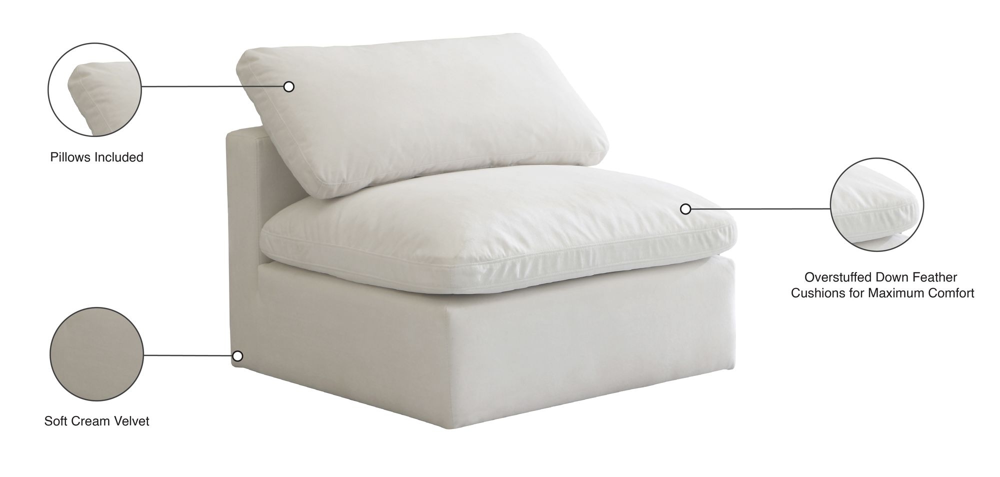 Plush Velvet Standard Comfort Modular Armless Chair