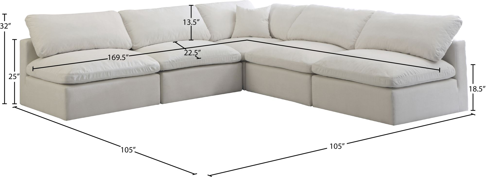Plush 105" 5-Piece Velvet Standard Comfort Modular Armless Sectional