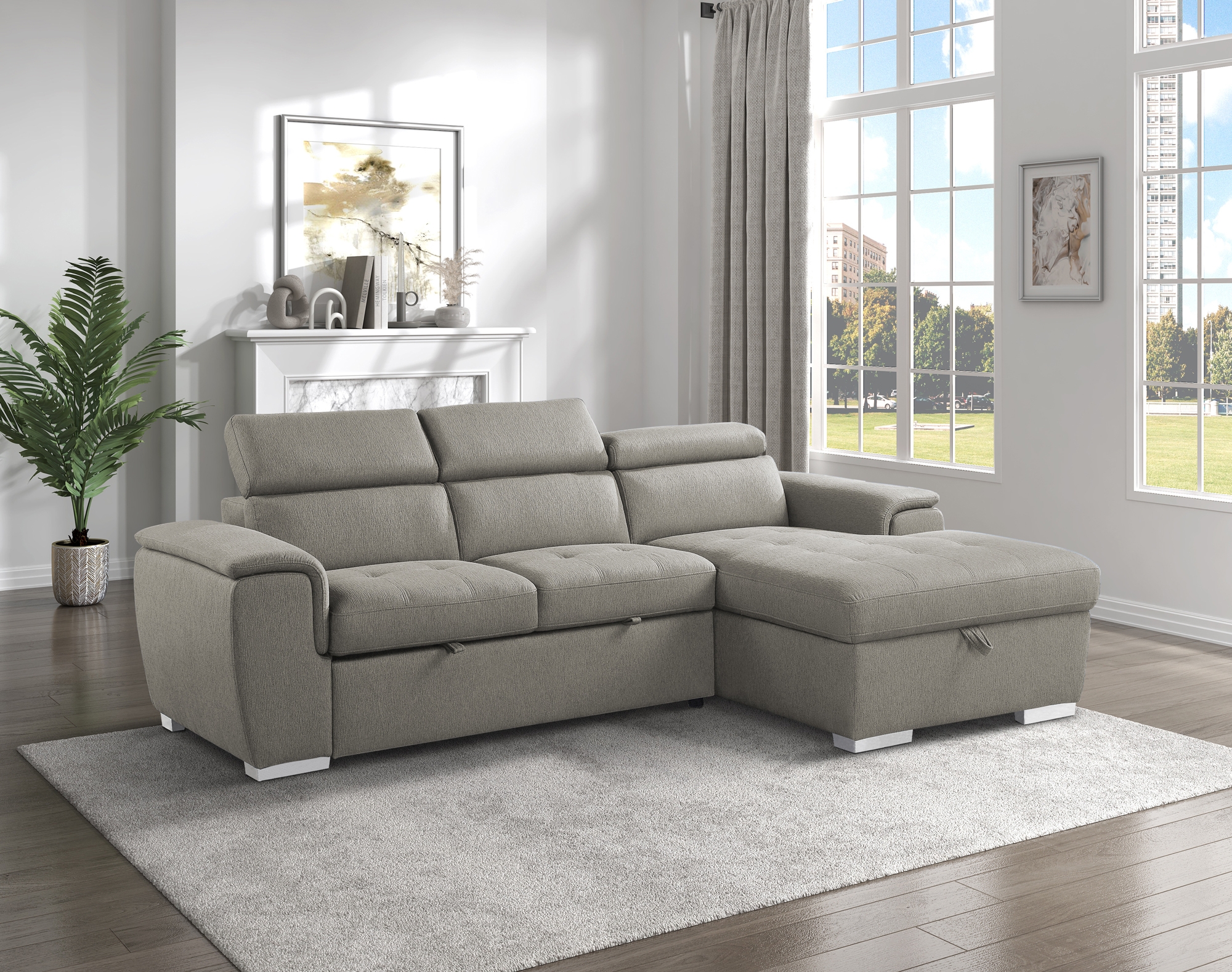 Berel Fabric 2-Piece Sectional with Pull-out Bed and Adjustable Headrests