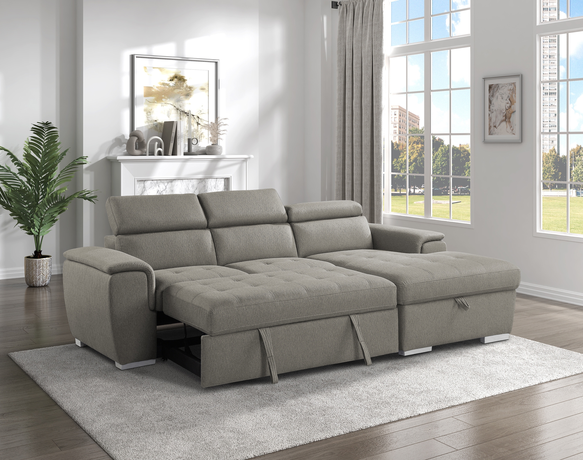 Berel Fabric 2-Piece Sectional with Pull-out Bed and Adjustable Headrests