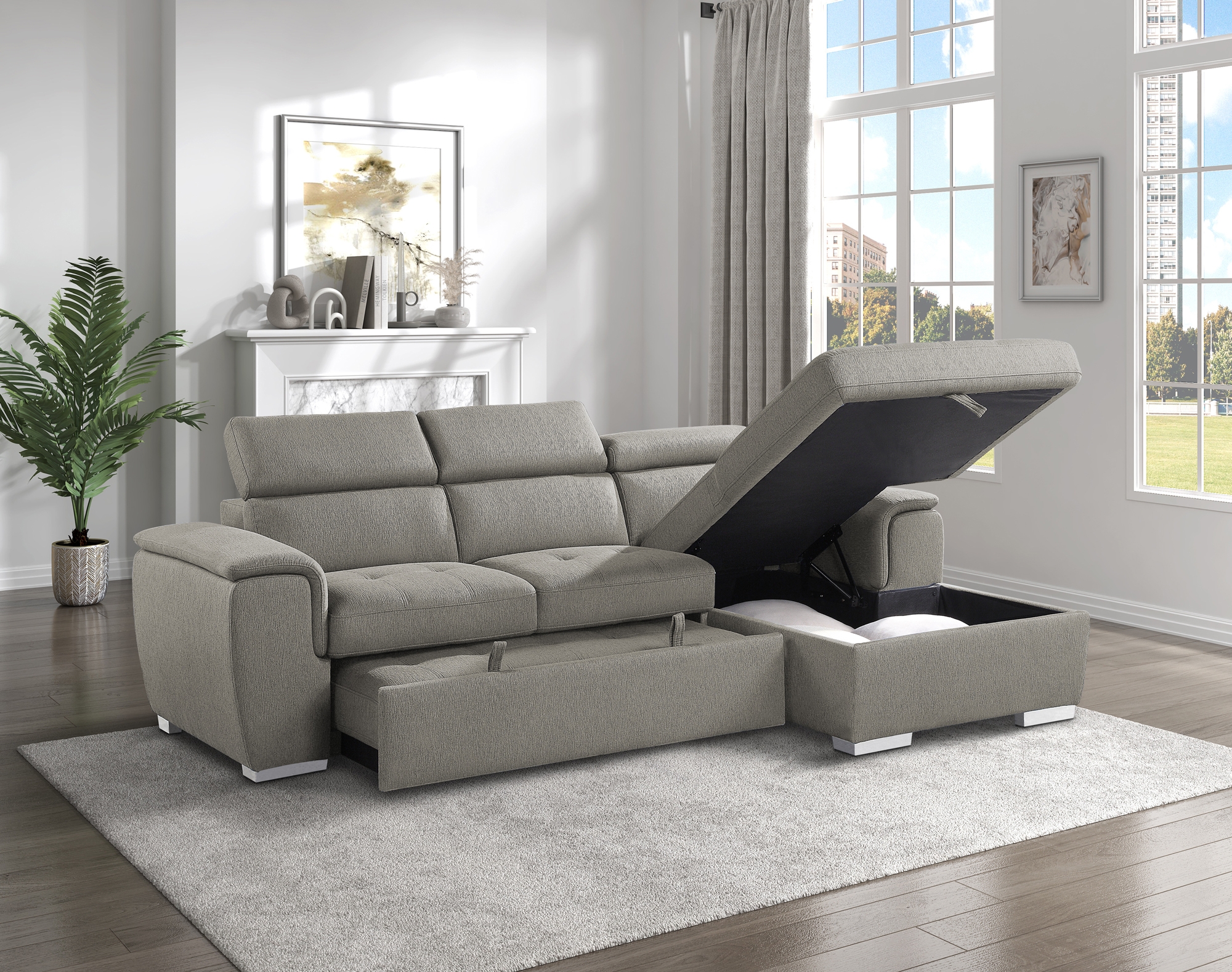 Berel Fabric 2-Piece Sectional with Pull-out Bed and Adjustable Headrests