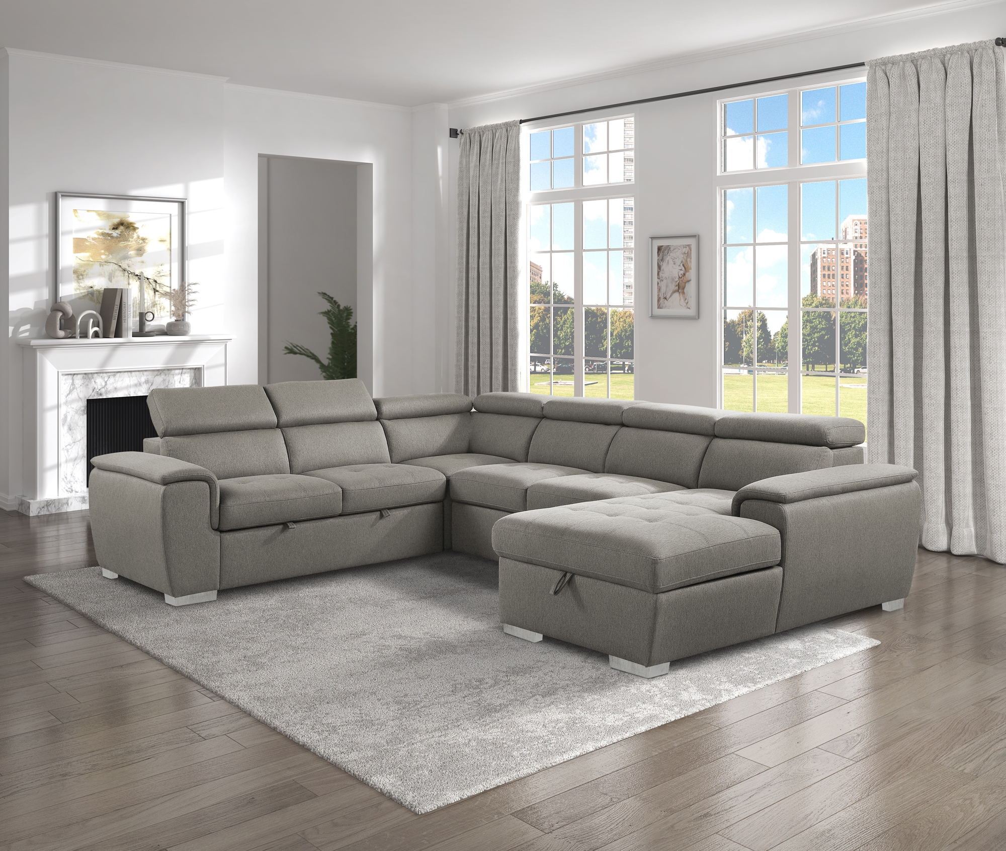 Berel Fabric 4-Piece Sectional with Pull-out Bed and Adjustable Headrests