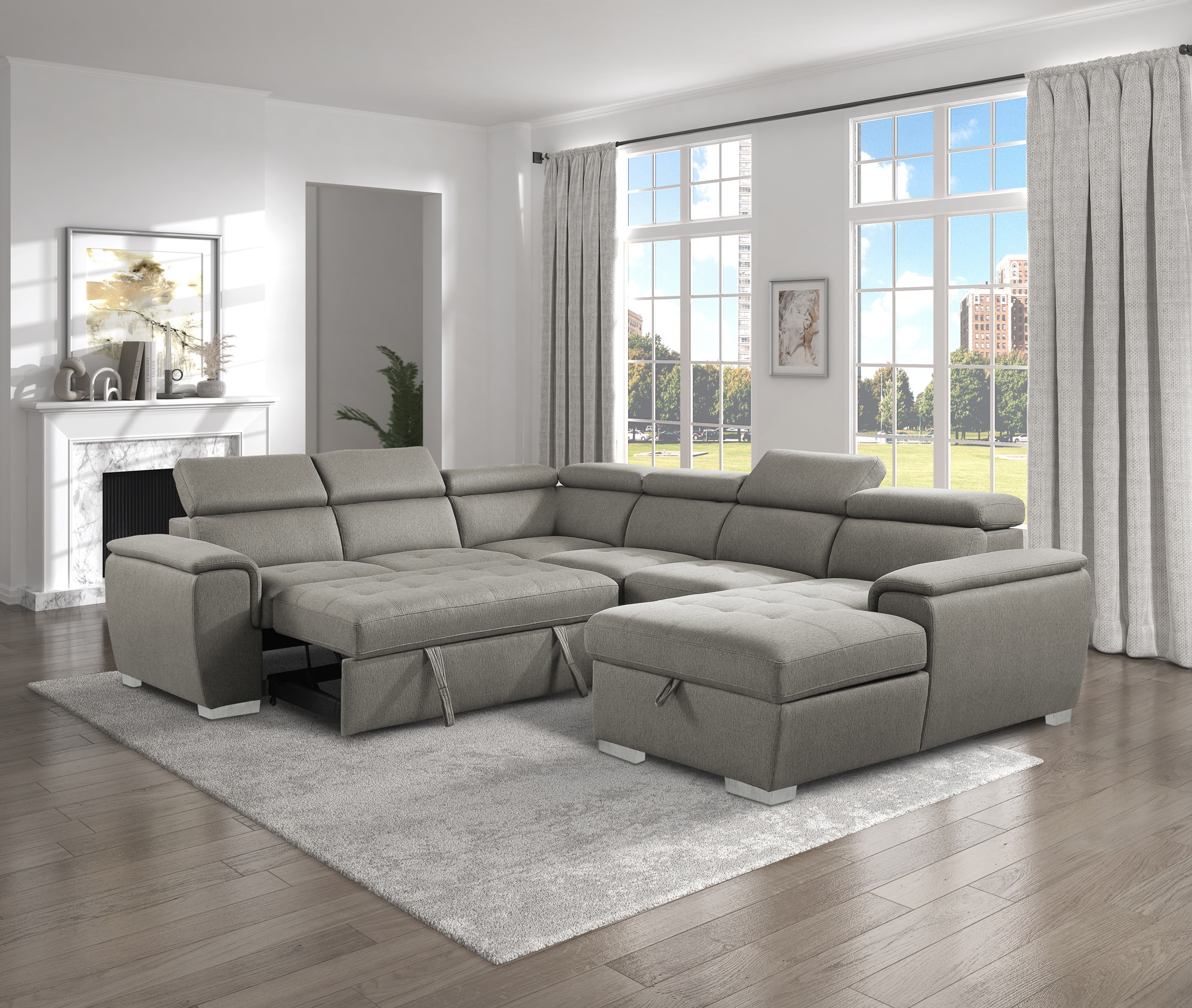 Berel Fabric 4-Piece Sectional with Pull-out Bed and Adjustable Headrests