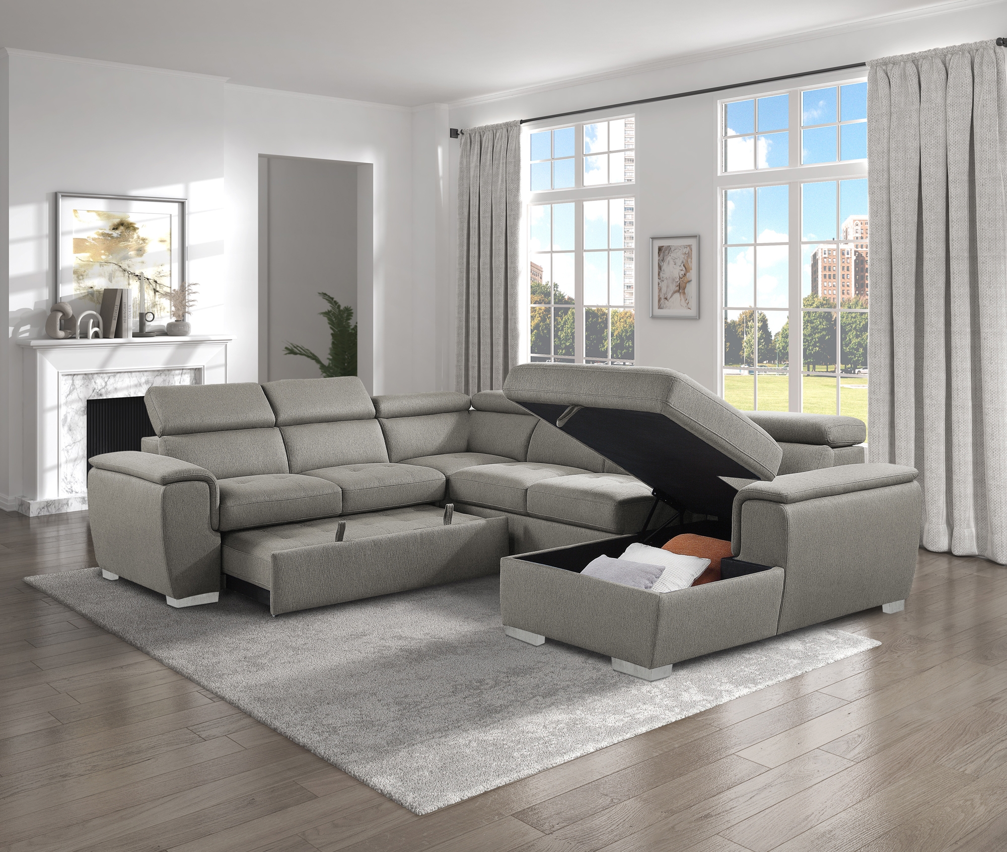 Berel Fabric 4-Piece Sectional with Pull-out Bed and Adjustable Headrests