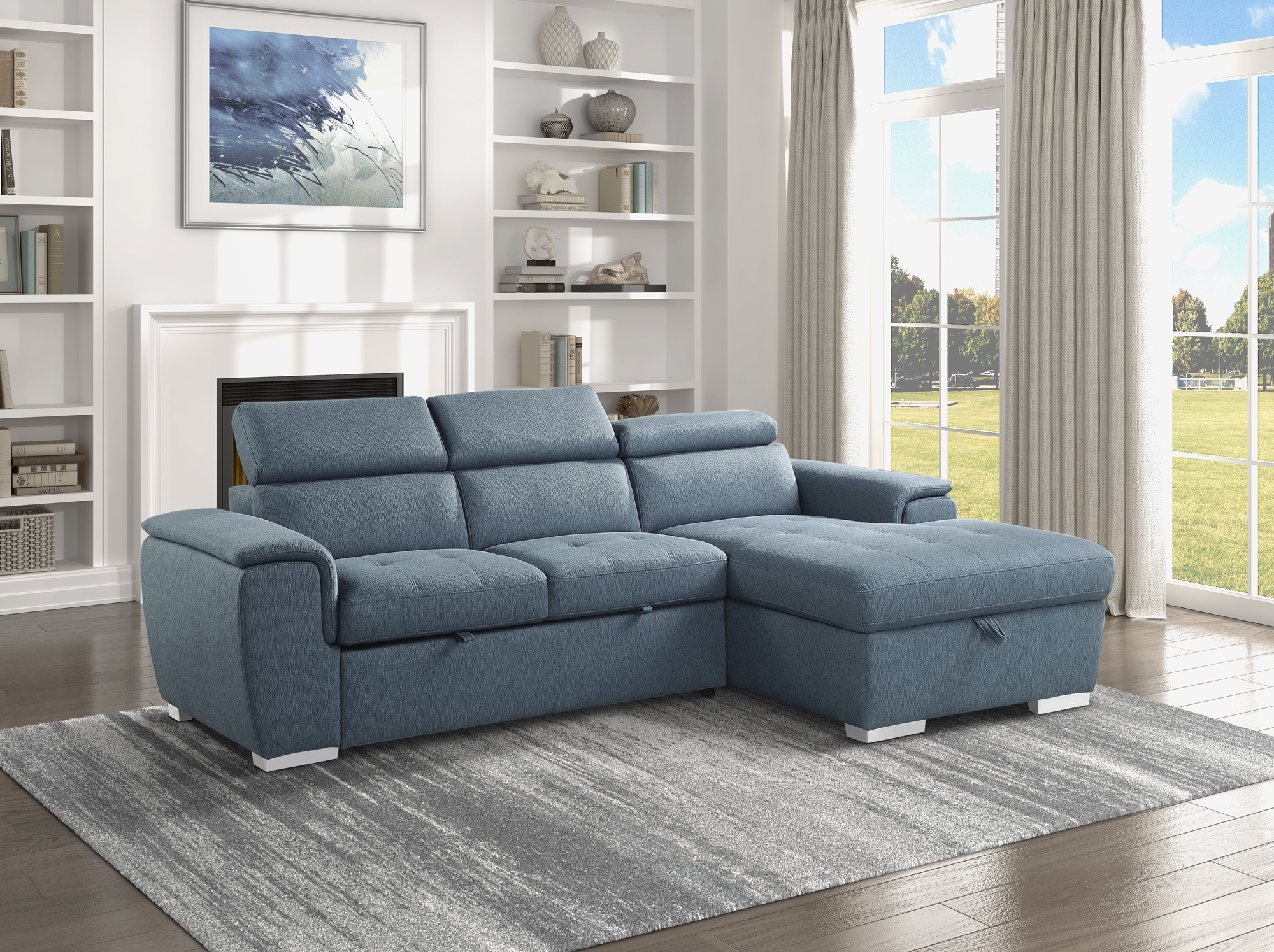 Berel Fabric 2-Piece Sectional with Pull-out Bed and Adjustable Headrests
