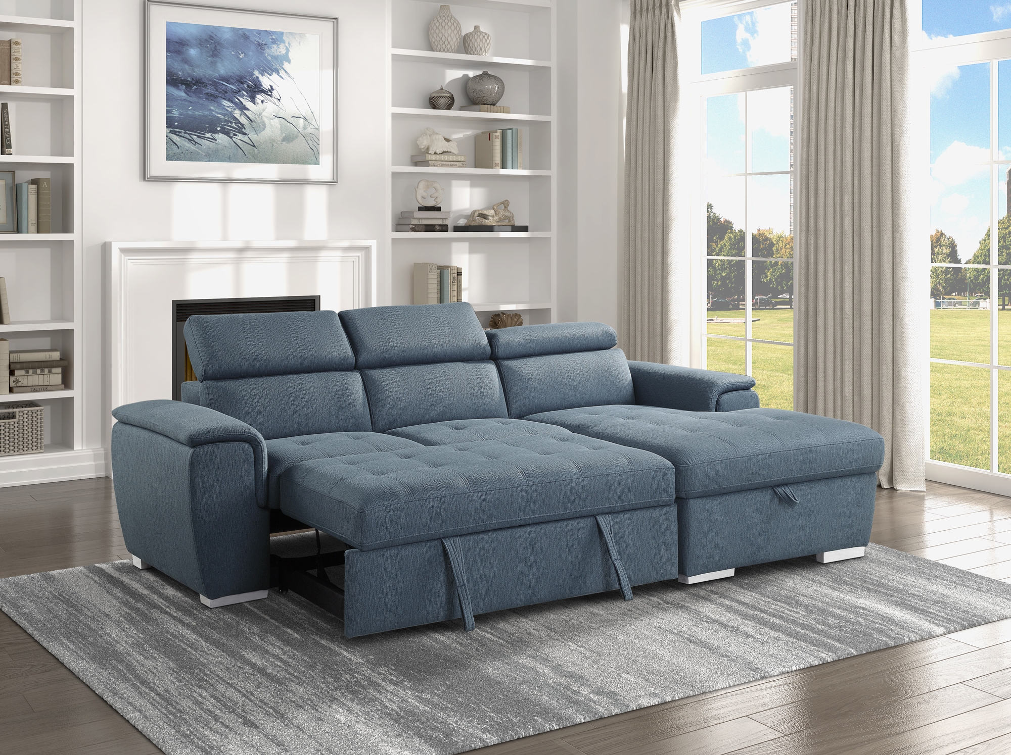 Berel Fabric 2-Piece Sectional with Pull-out Bed and Adjustable Headrests