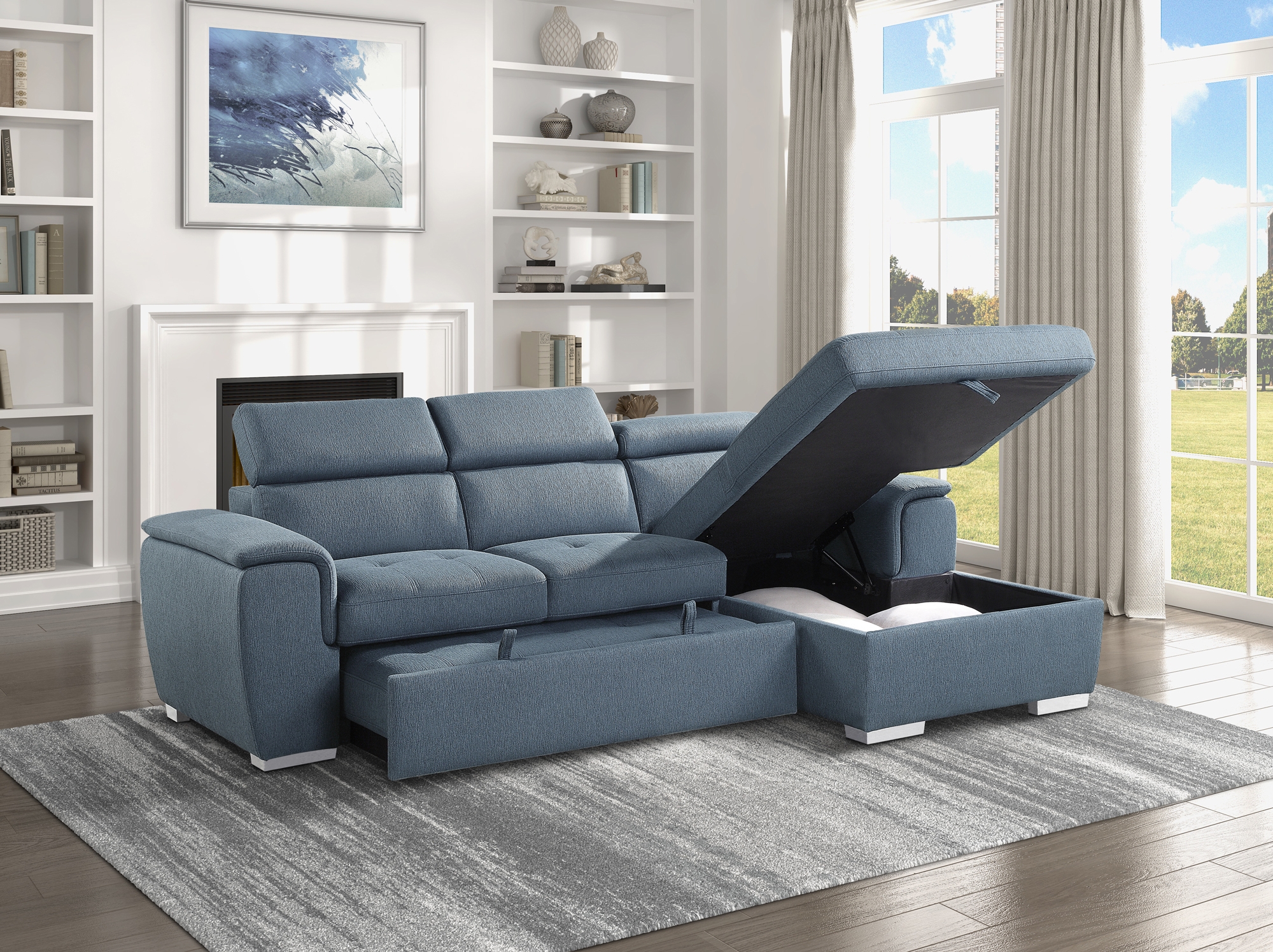 Berel Fabric 2-Piece Sectional with Pull-out Bed and Adjustable Headrests