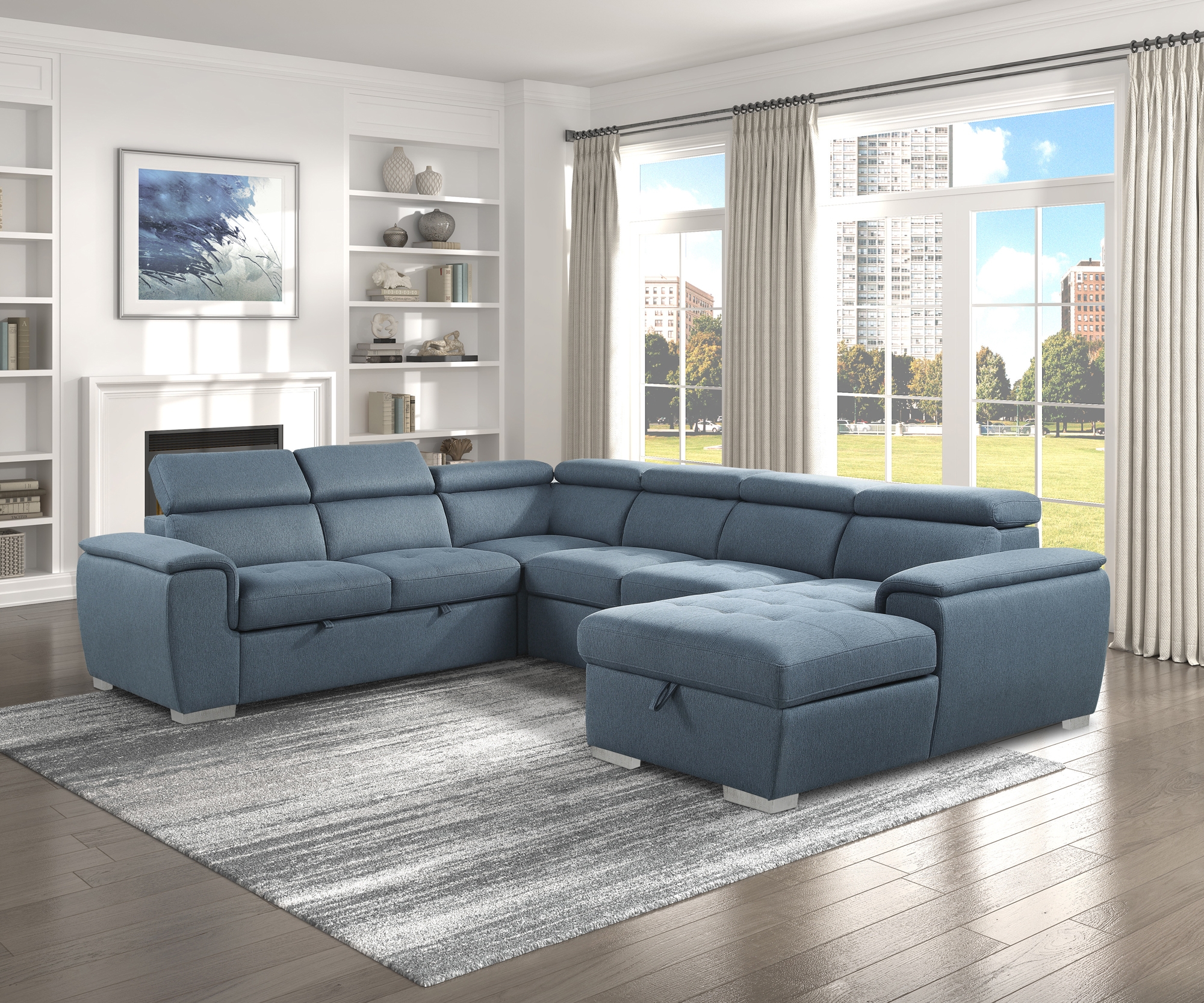 Berel Fabric 4-Piece Sectional with Pull-out Bed and Adjustable Headrests