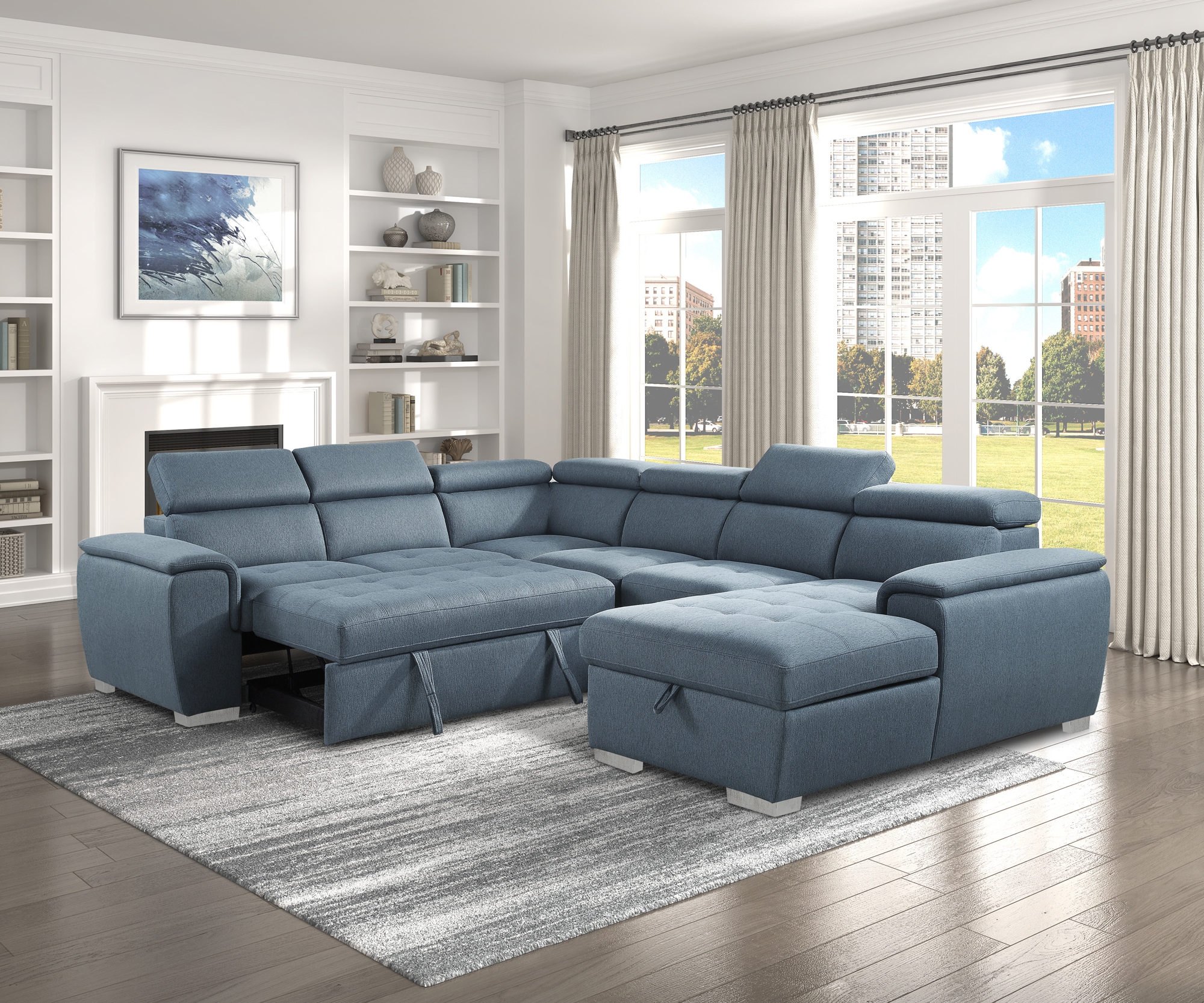 Berel Fabric 4-Piece Sectional with Pull-out Bed and Adjustable Headrests