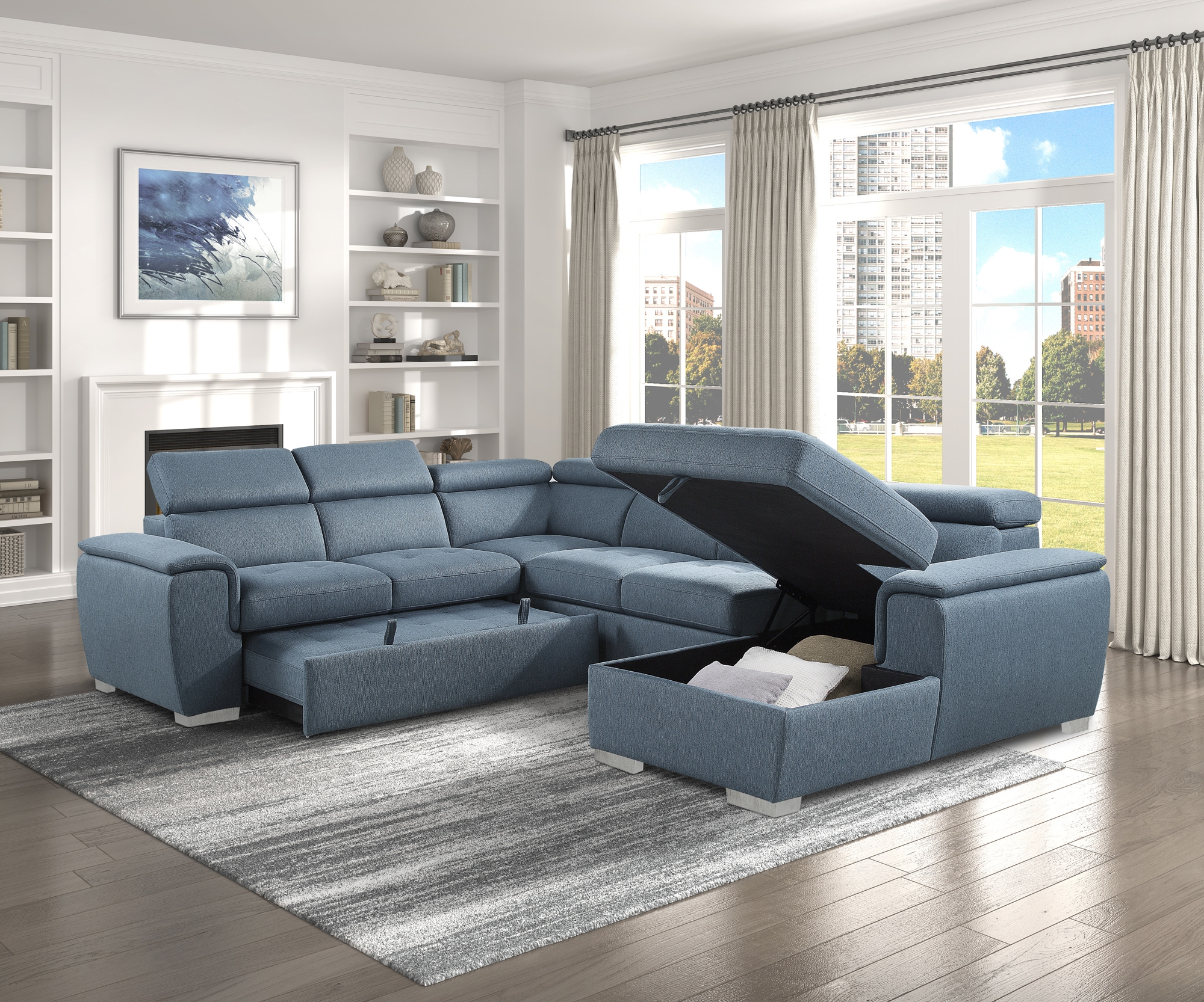 Berel Fabric 4-Piece Sectional with Pull-out Bed and Adjustable Headrests