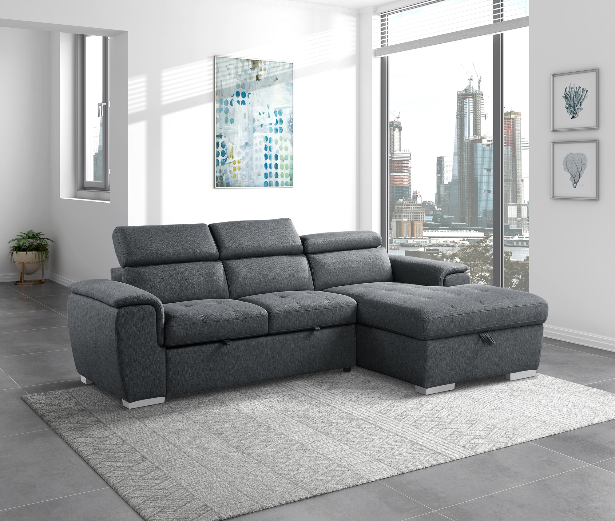 Berel Fabric 2-Piece Sectional with Pull-out Bed and Adjustable Headrests