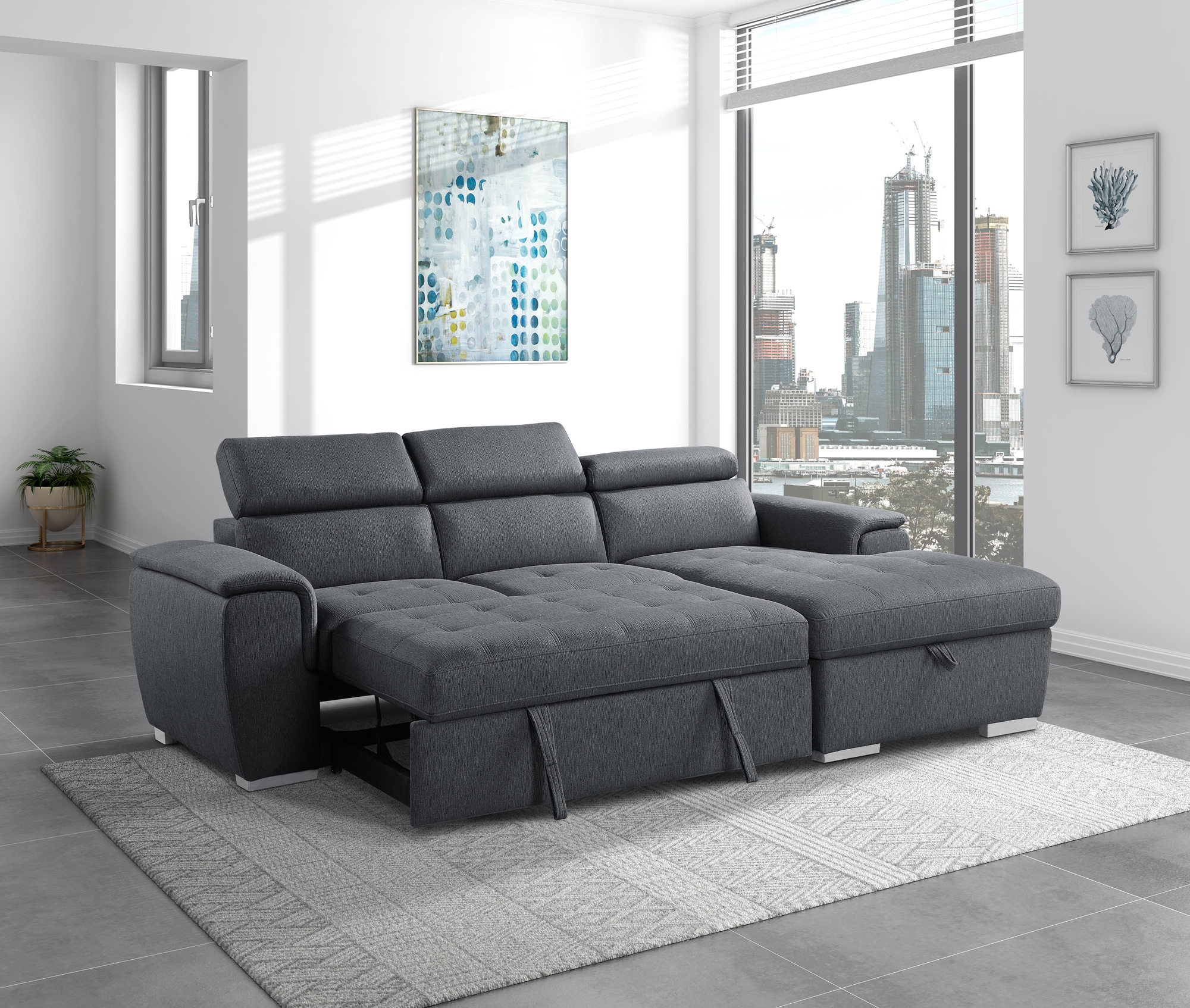 Berel Fabric 2-Piece Sectional with Pull-out Bed and Adjustable Headrests