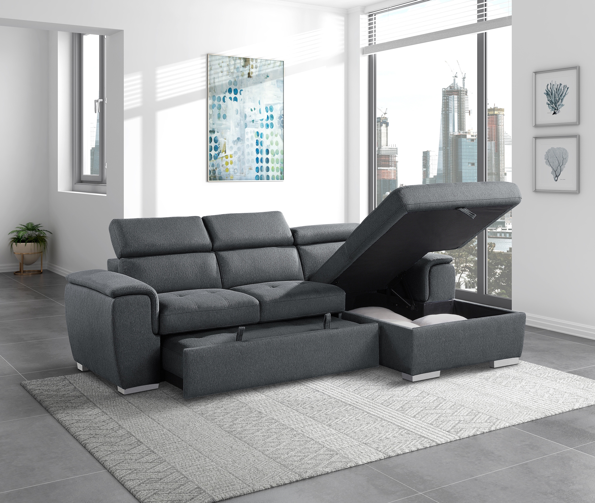 Berel Fabric 2-Piece Sectional with Pull-out Bed and Adjustable Headrests