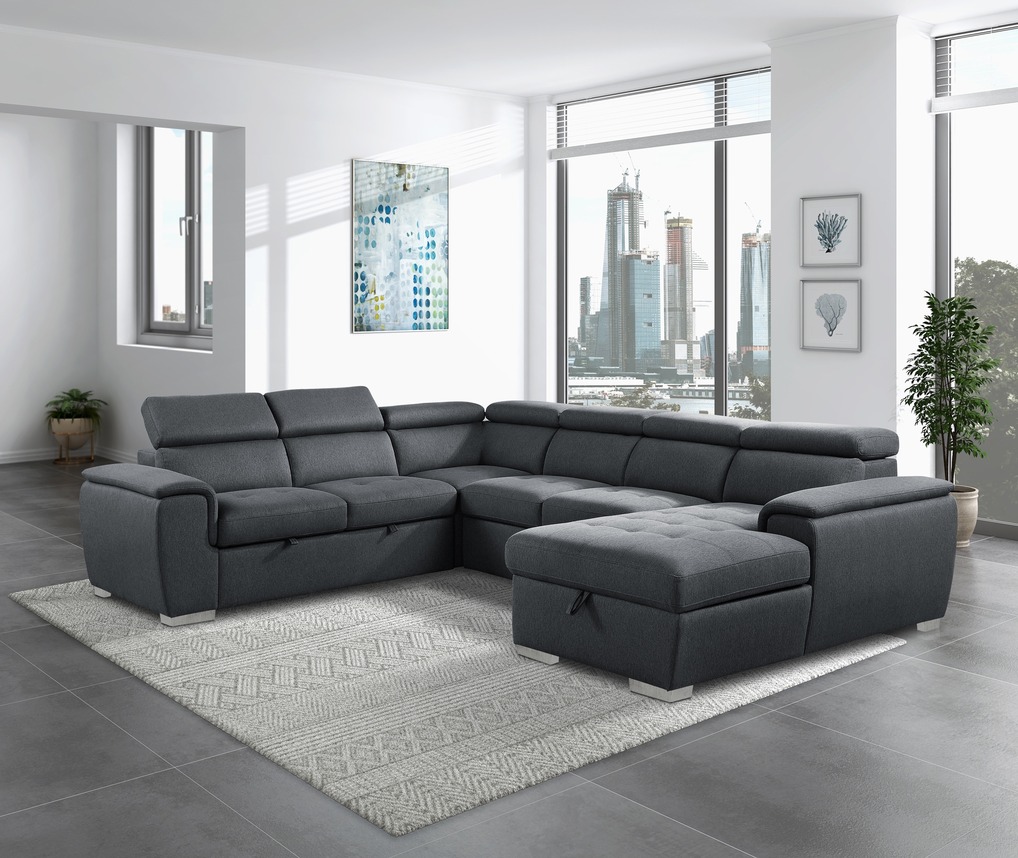 Berel Fabric 4-Piece Sectional with Pull-out Bed and Adjustable Headrests