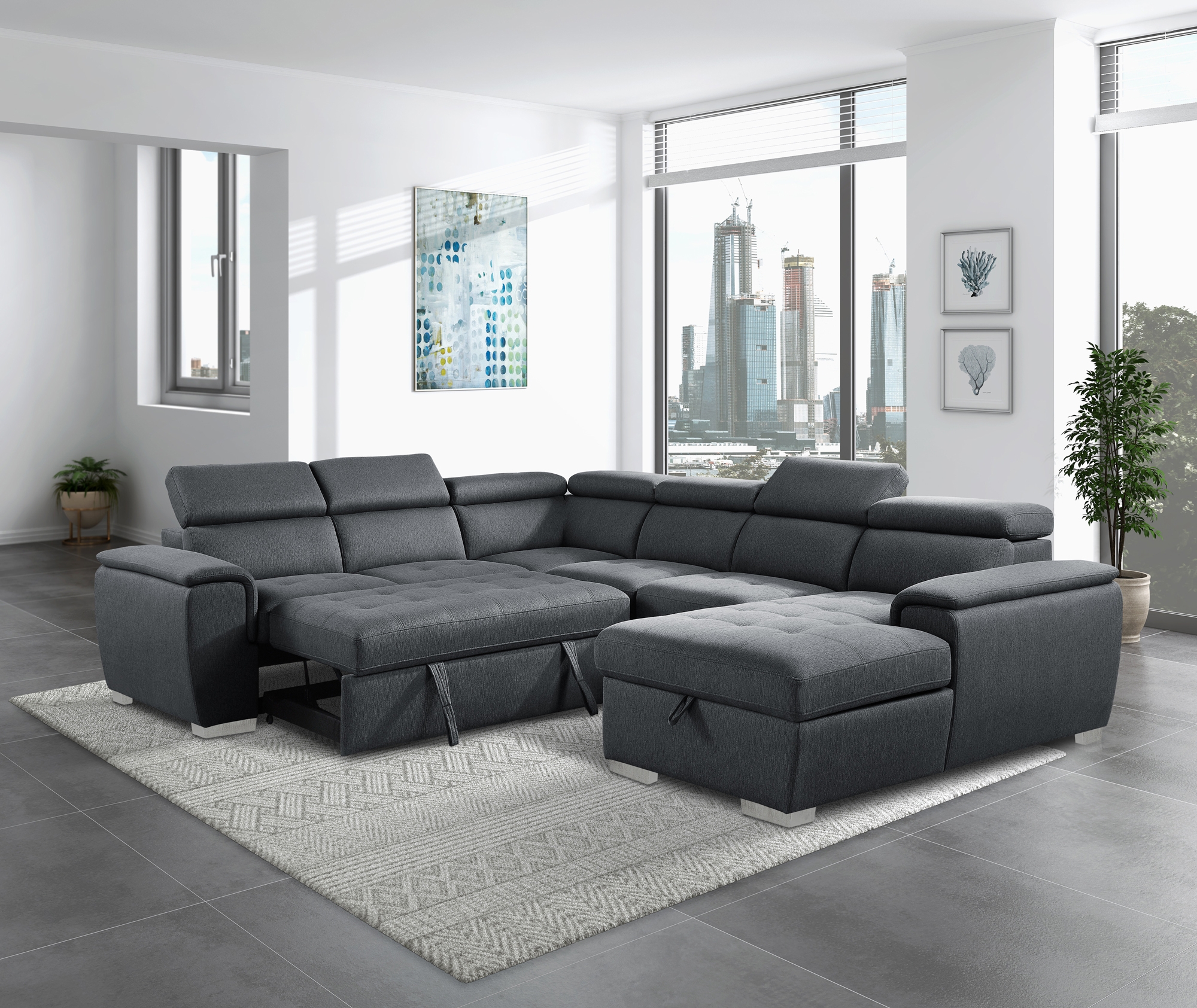 Berel Fabric 4-Piece Sectional with Pull-out Bed and Adjustable Headrests