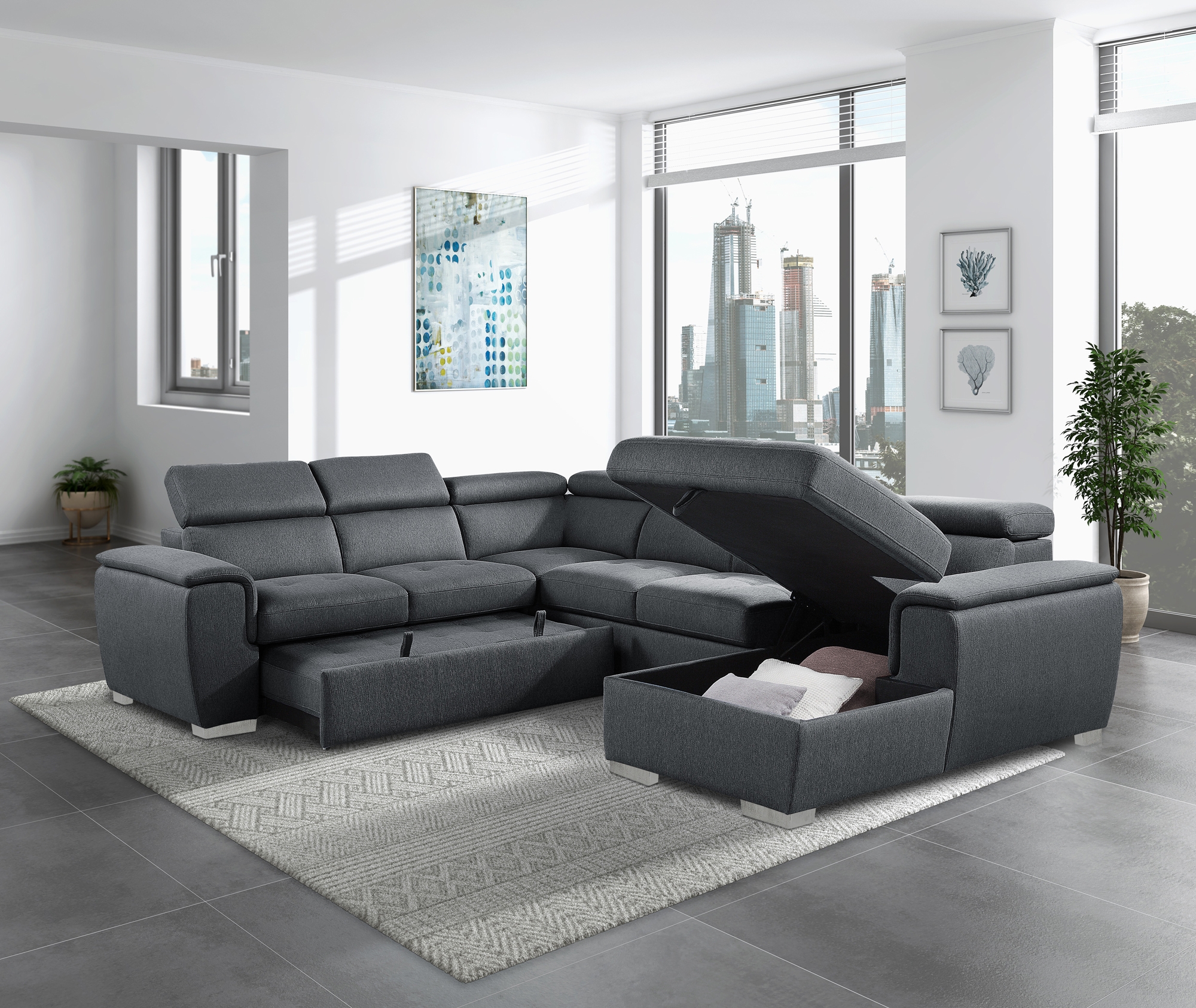 Berel Fabric 4-Piece Sectional with Pull-out Bed and Adjustable Headrests
