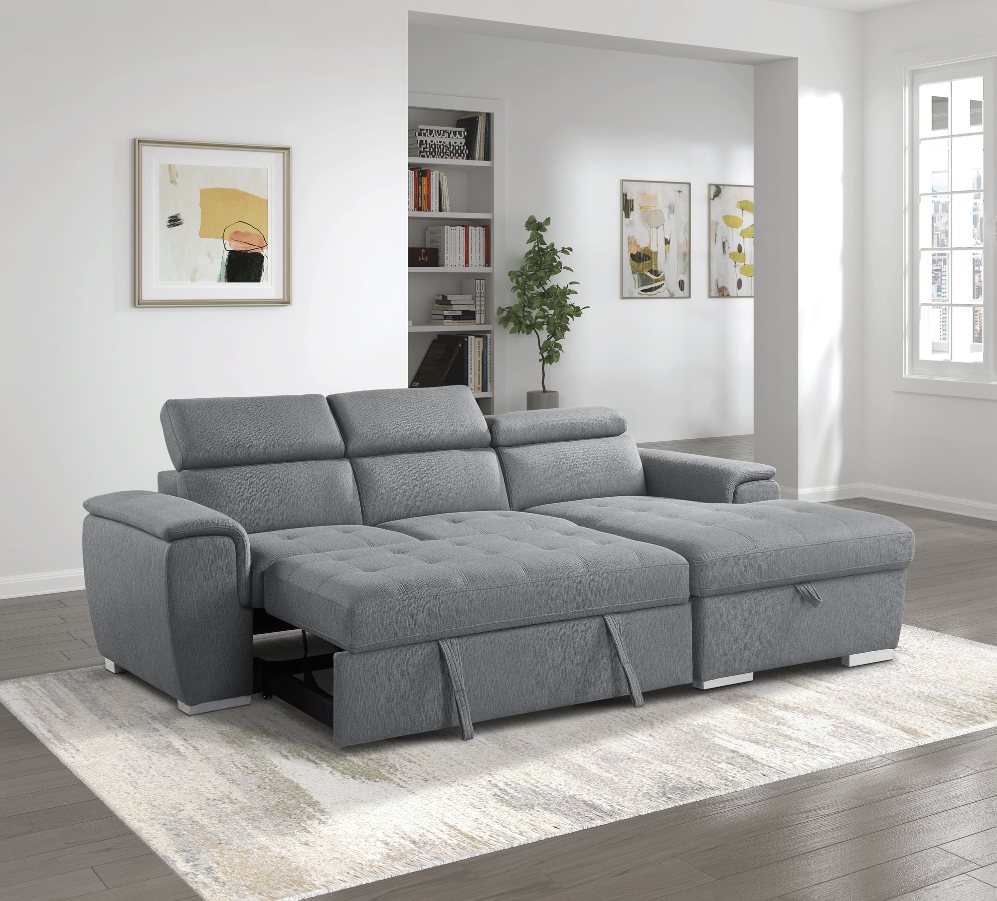 Berel Fabric 2-Piece Sectional with Pull-out Bed and Adjustable Headrests