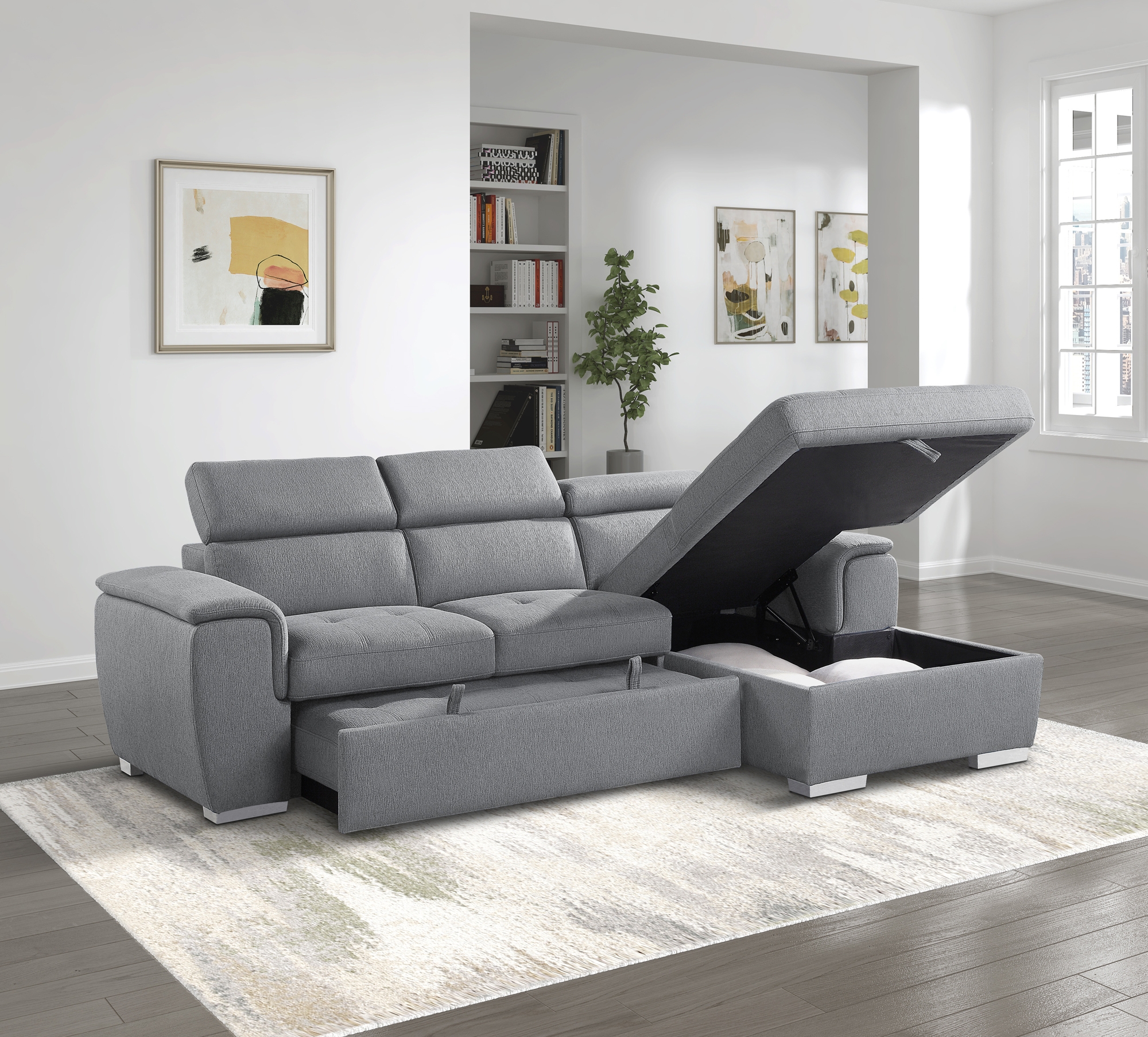 Berel Fabric 2-Piece Sectional with Pull-out Bed and Adjustable Headrests