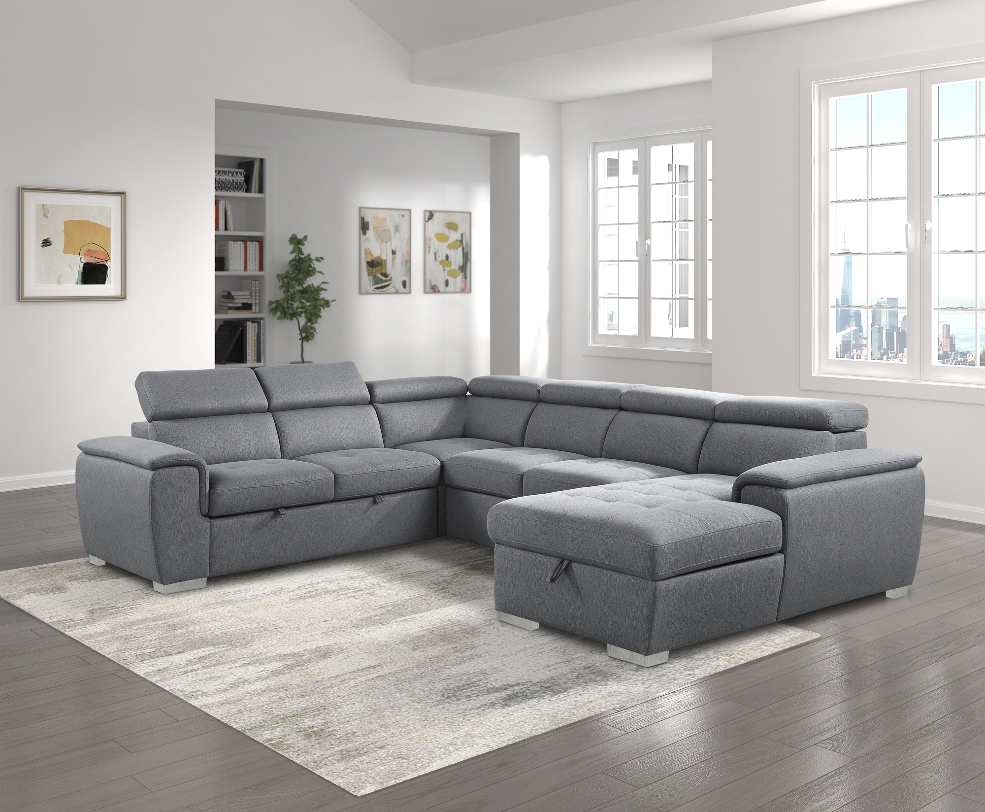 Berel Fabric 4-Piece Sectional with Pull-out Bed and Adjustable Headrests