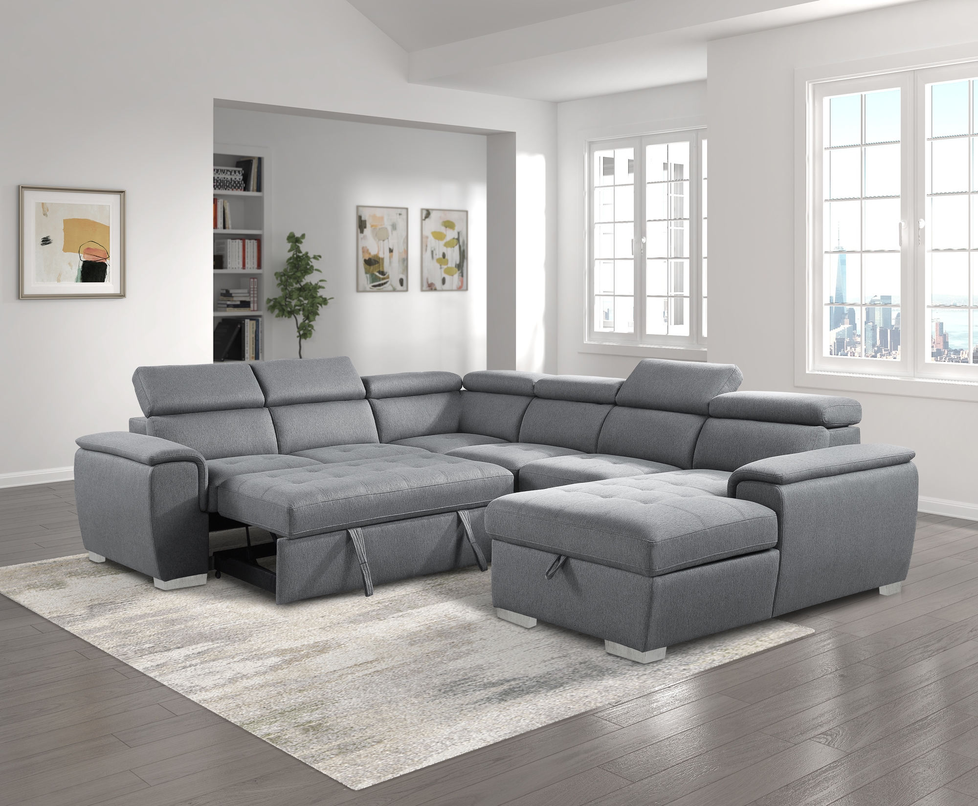 Berel Fabric 4-Piece Sectional with Pull-out Bed and Adjustable Headrests