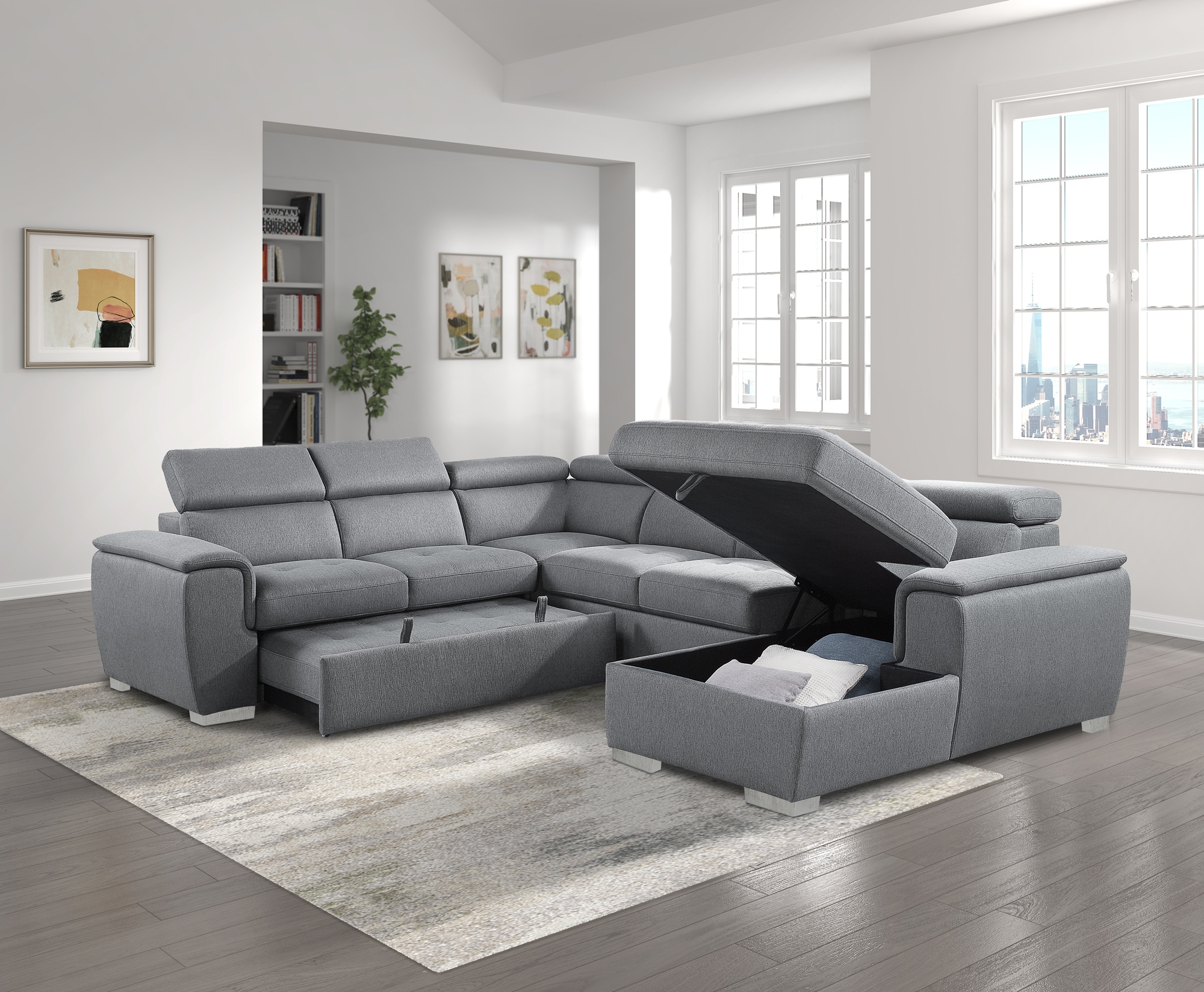 Berel Fabric 4-Piece Sectional with Pull-out Bed and Adjustable Headrests
