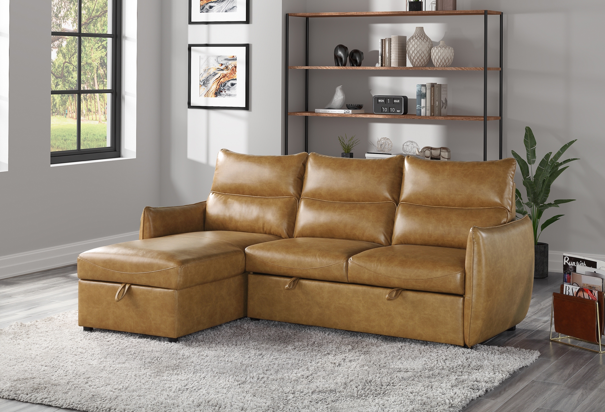 Delara Leatherette Reversible Sectional with Pull-out Bed and Hidden Storage