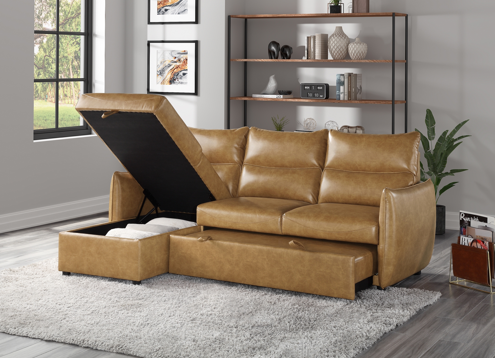Delara Leatherette Reversible Sectional with Pull-out Bed and Hidden Storage