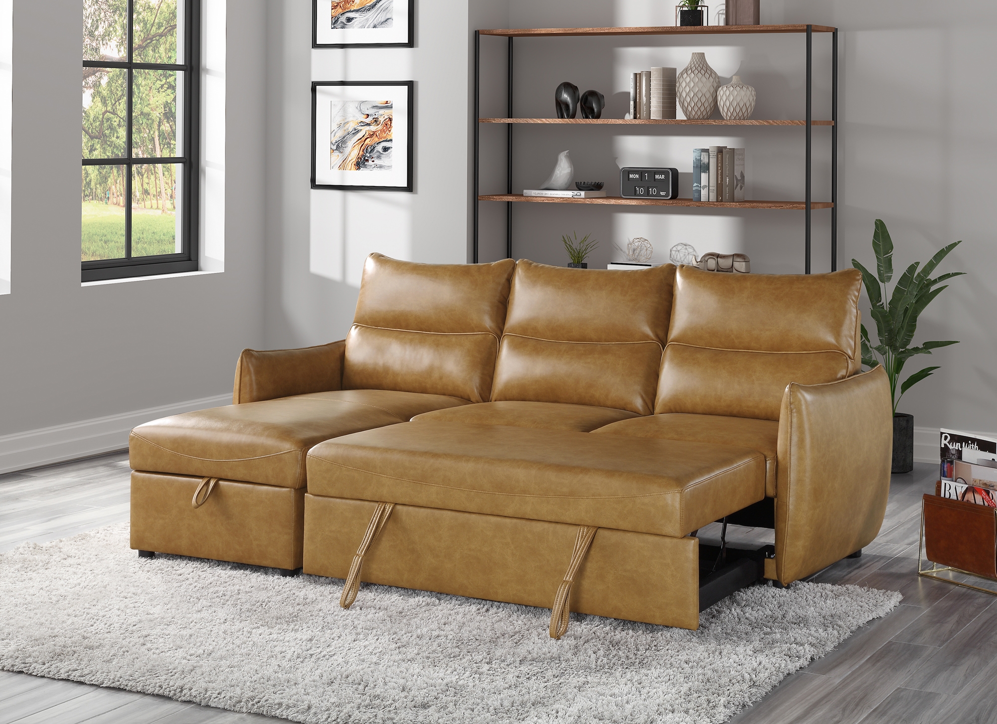 Delara Leatherette Reversible Sectional with Pull-out Bed and Hidden Storage