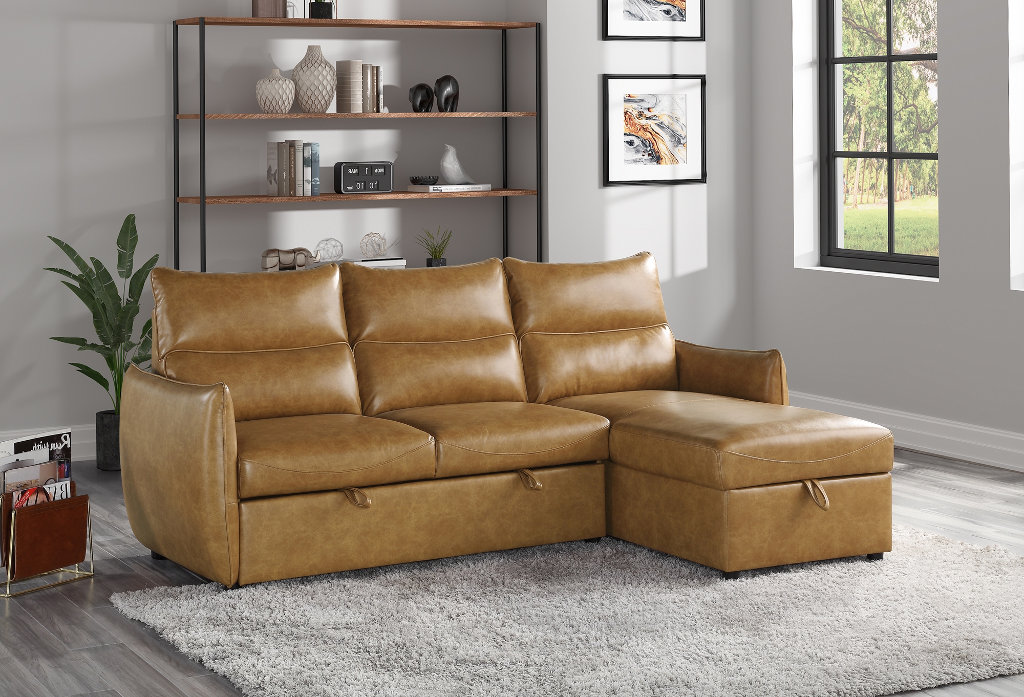Delara Leatherette Reversible Sectional with Pull-out Bed and Hidden Storage