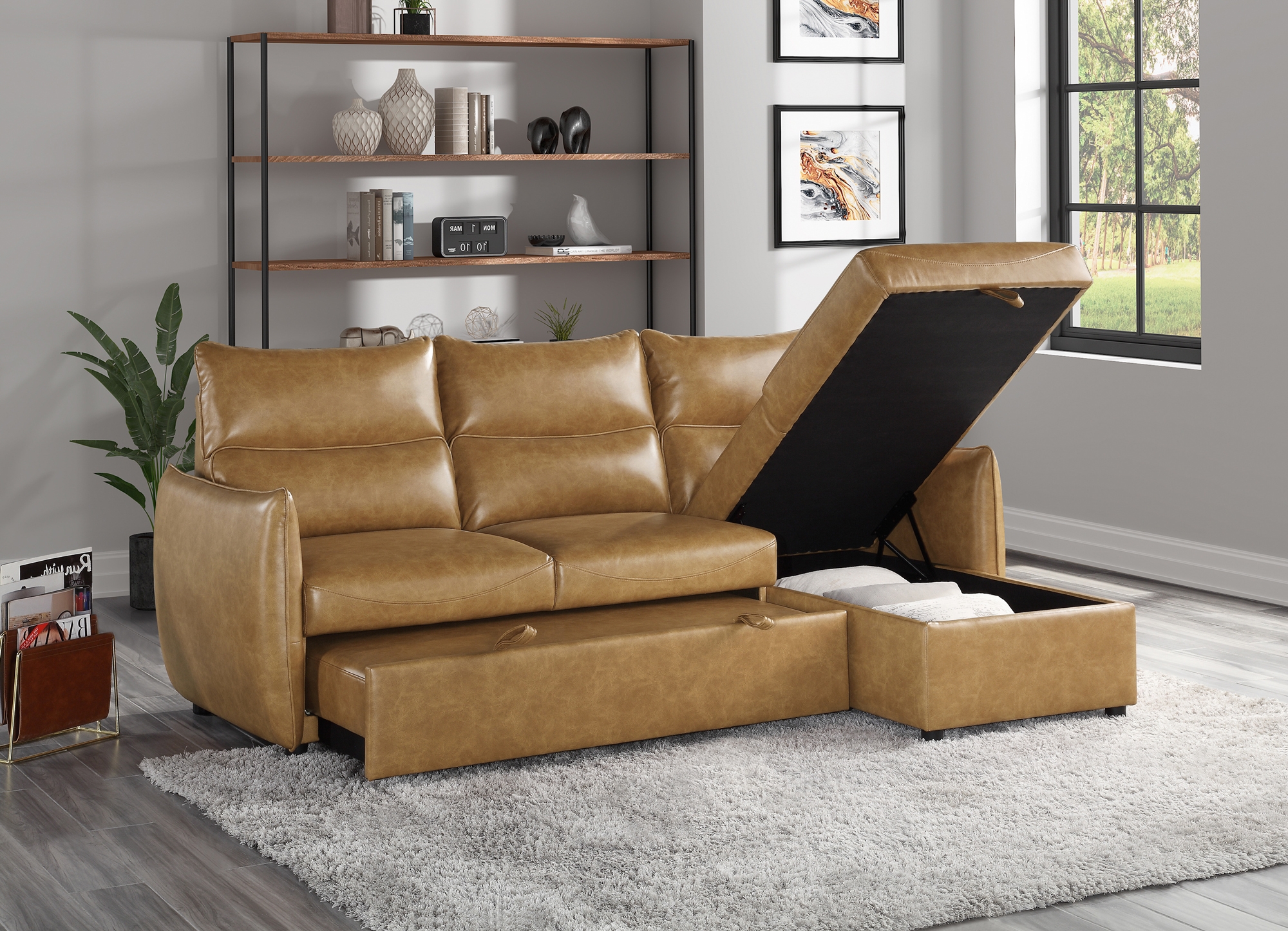 Delara Leatherette Reversible Sectional with Pull-out Bed and Hidden Storage