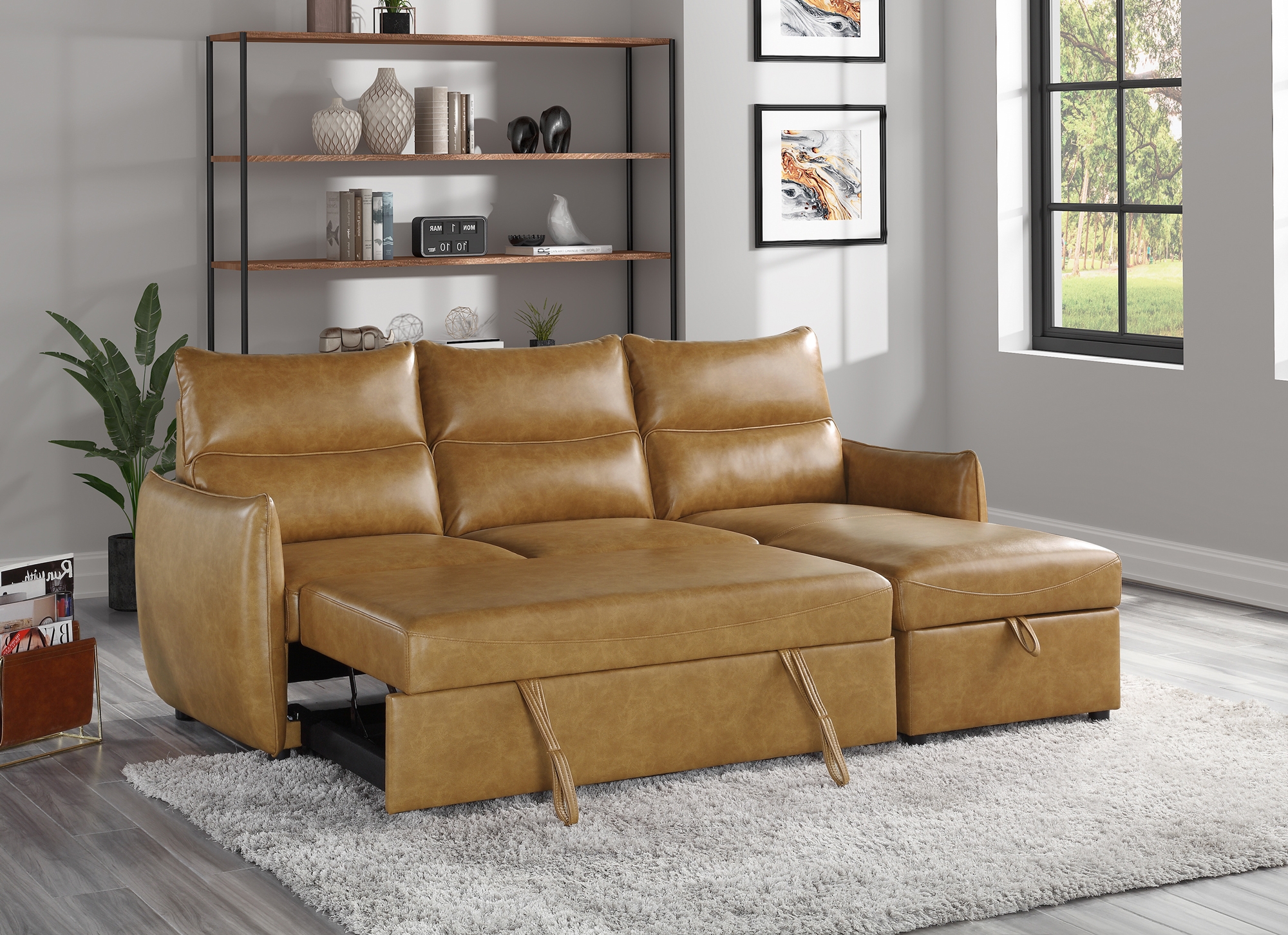 Delara Leatherette Reversible Sectional with Pull-out Bed and Hidden Storage