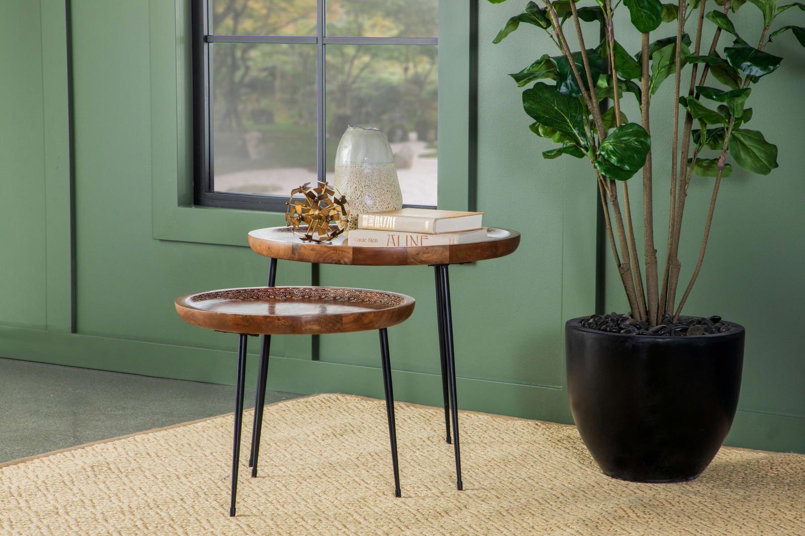 Nuala 2-piece Round Wood Nesting Table with Tripod Tapered Legs