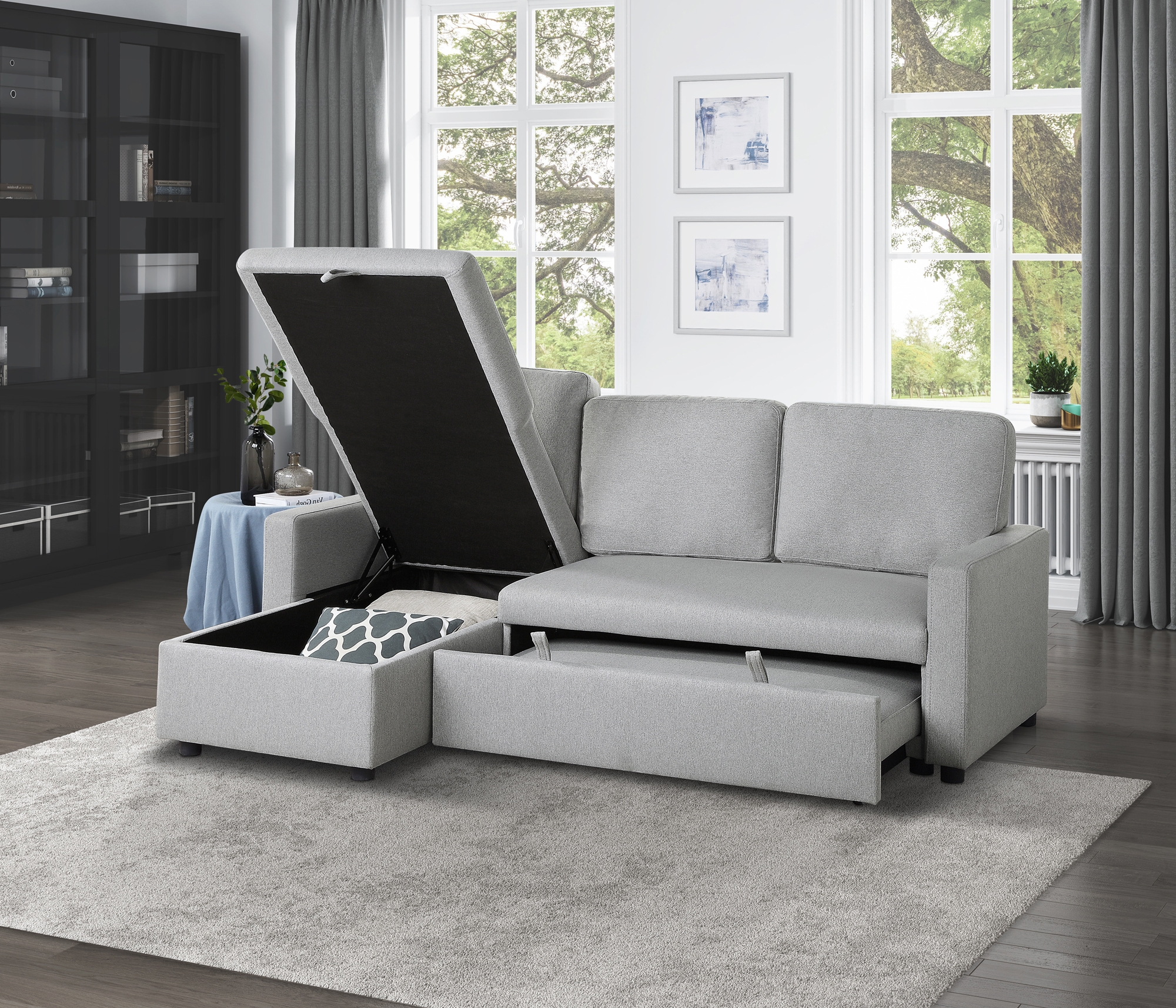 Brandolyn Polyester Fabric Reversible Sectional w/Pull-out Bed & Hidden Storage