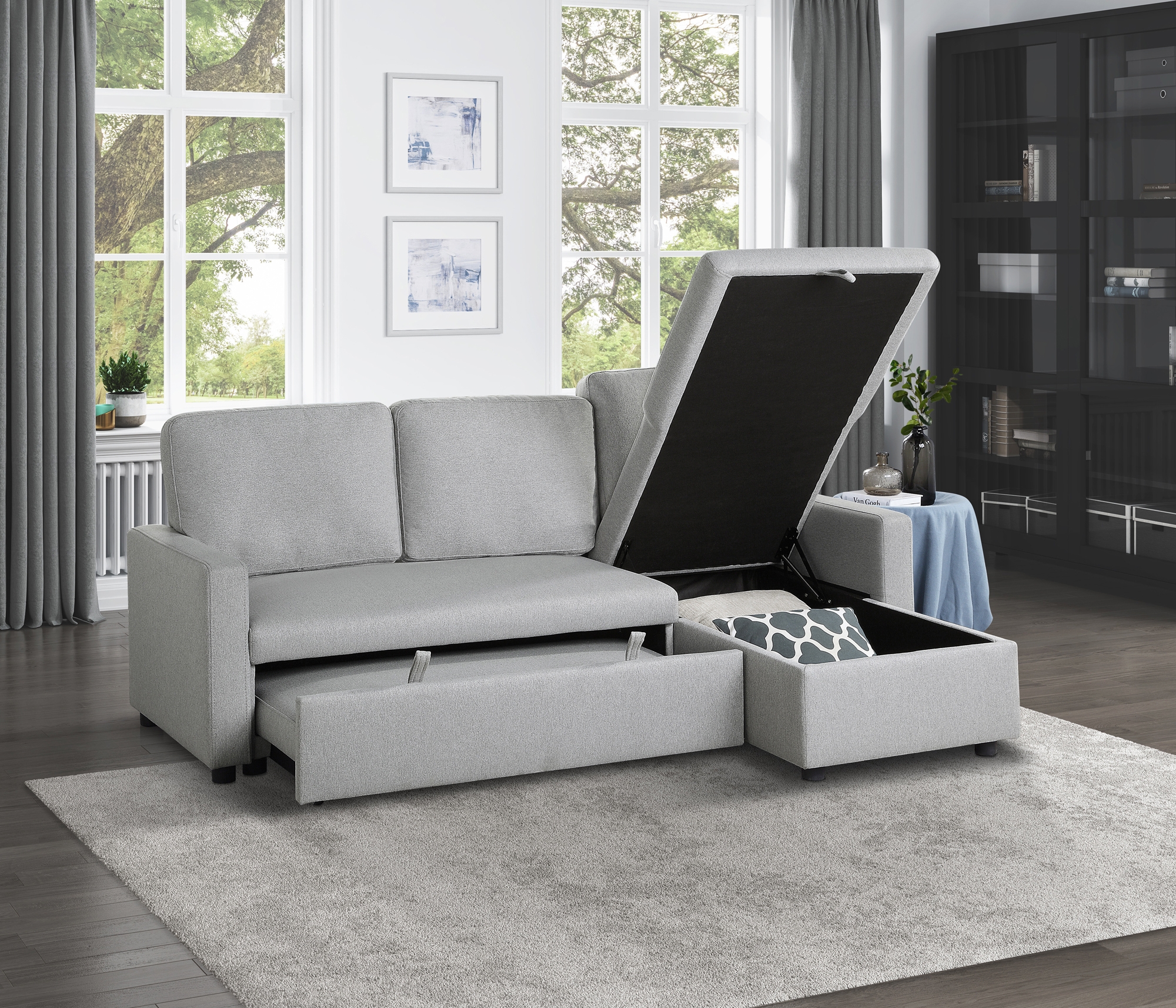 Brandolyn Polyester Fabric Reversible Sectional w/Pull-out Bed & Hidden Storage