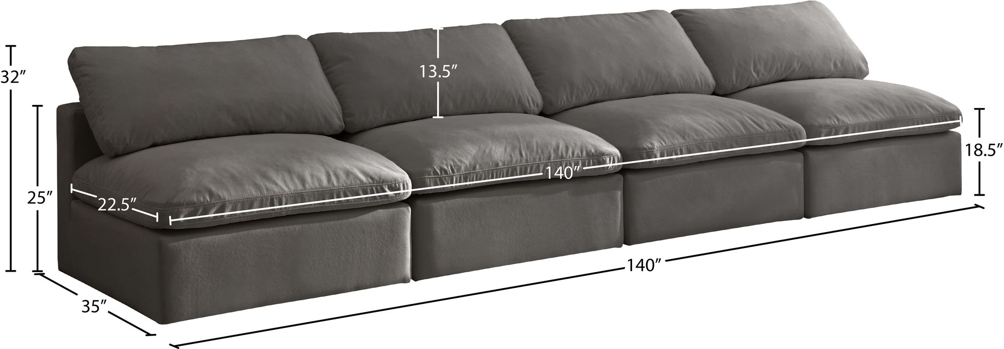 Plush 140" Velvet Standard Comfort Modular Armless Sofa