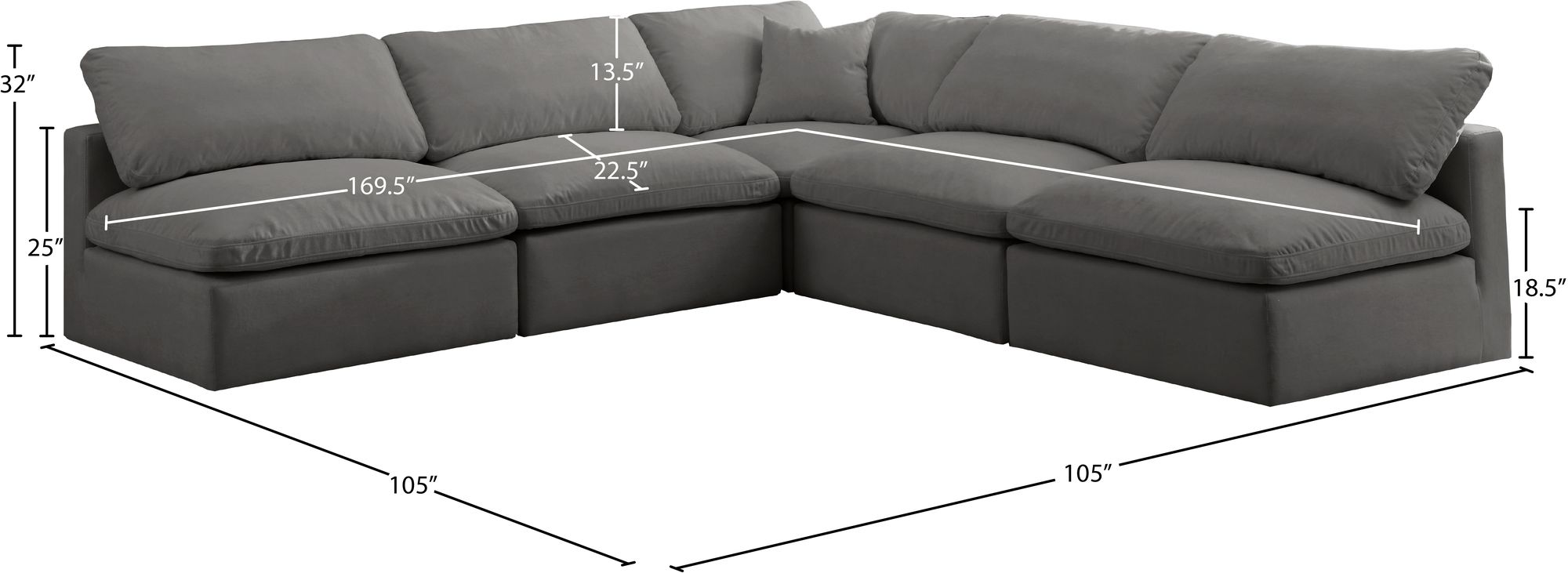 Plush 105" 5-Piece Velvet Standard Comfort Modular Armless Sectional