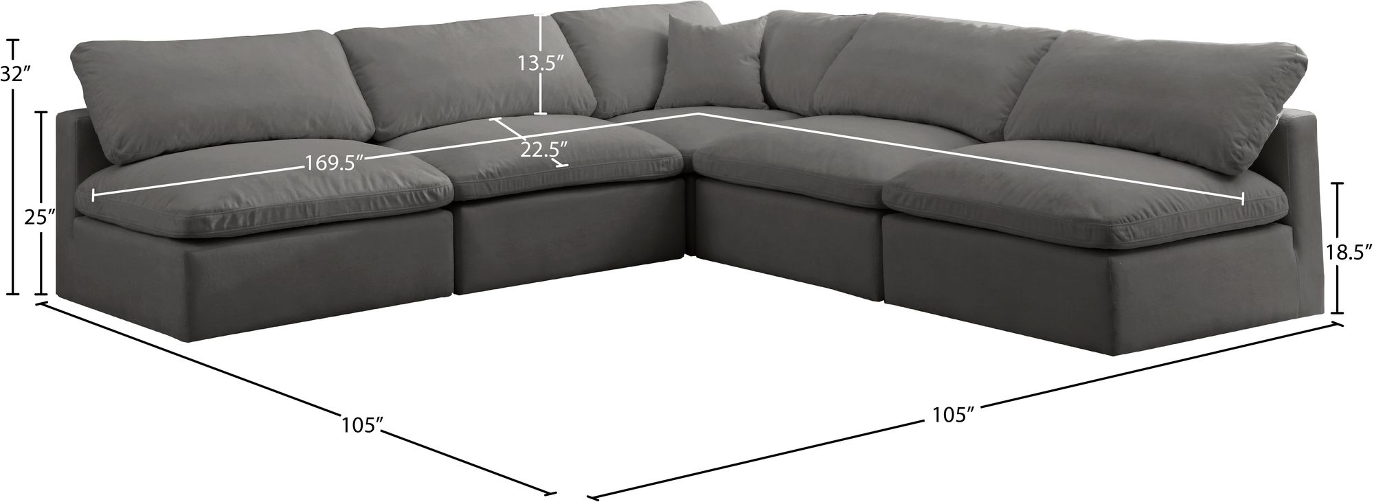 Plush 105" 5-Piece Velvet Standard Comfort Modular Armless Sectional