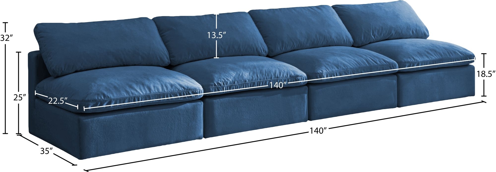 Plush 140" Velvet Standard Comfort Modular Armless Sofa
