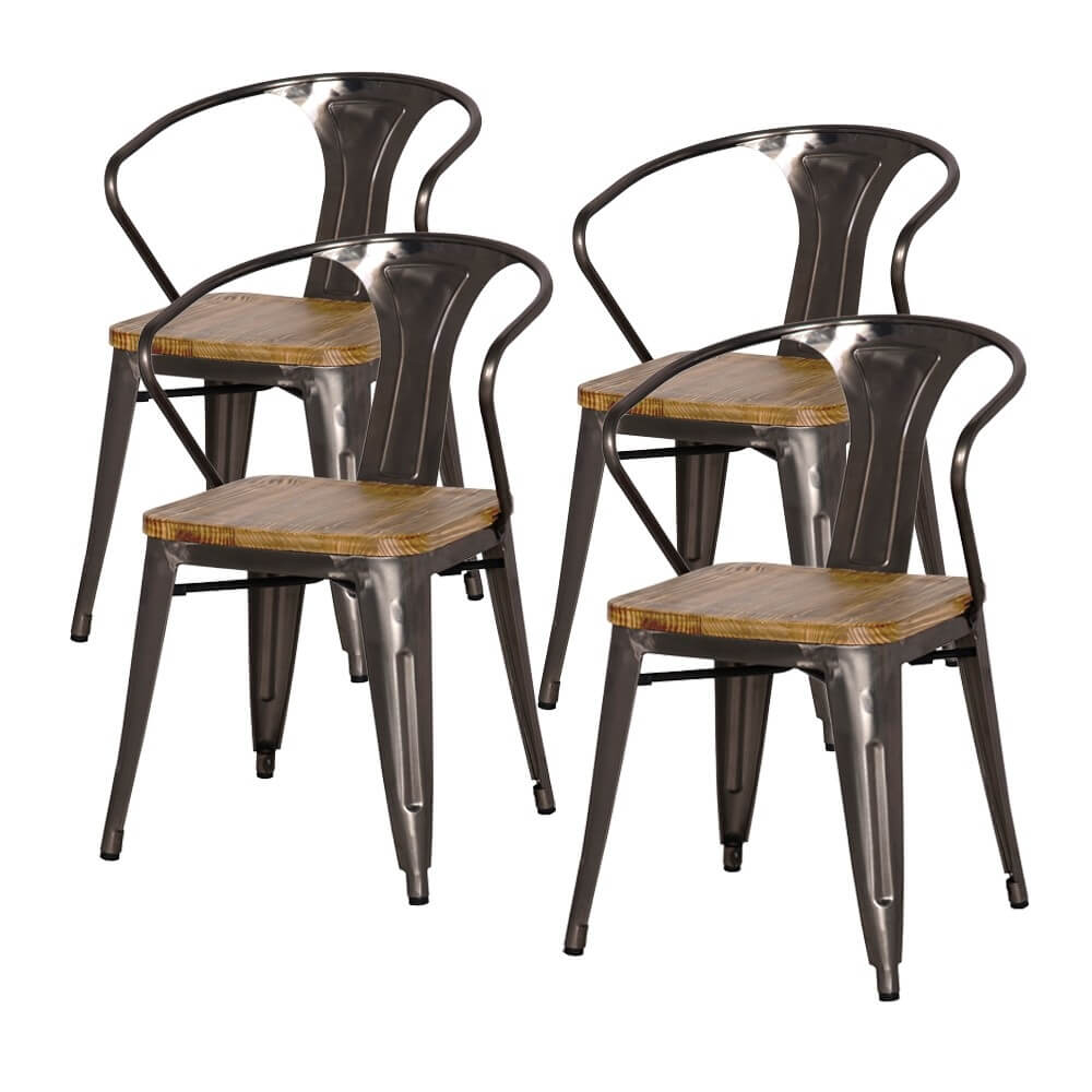 Metropolis Metal Arm Chair, Wood Seat