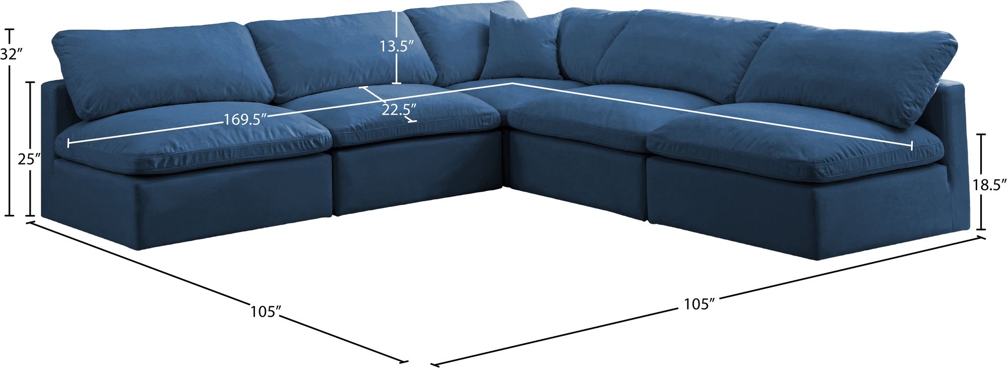 Plush 105" 5-Piece Velvet Standard Comfort Modular Armless Sectional