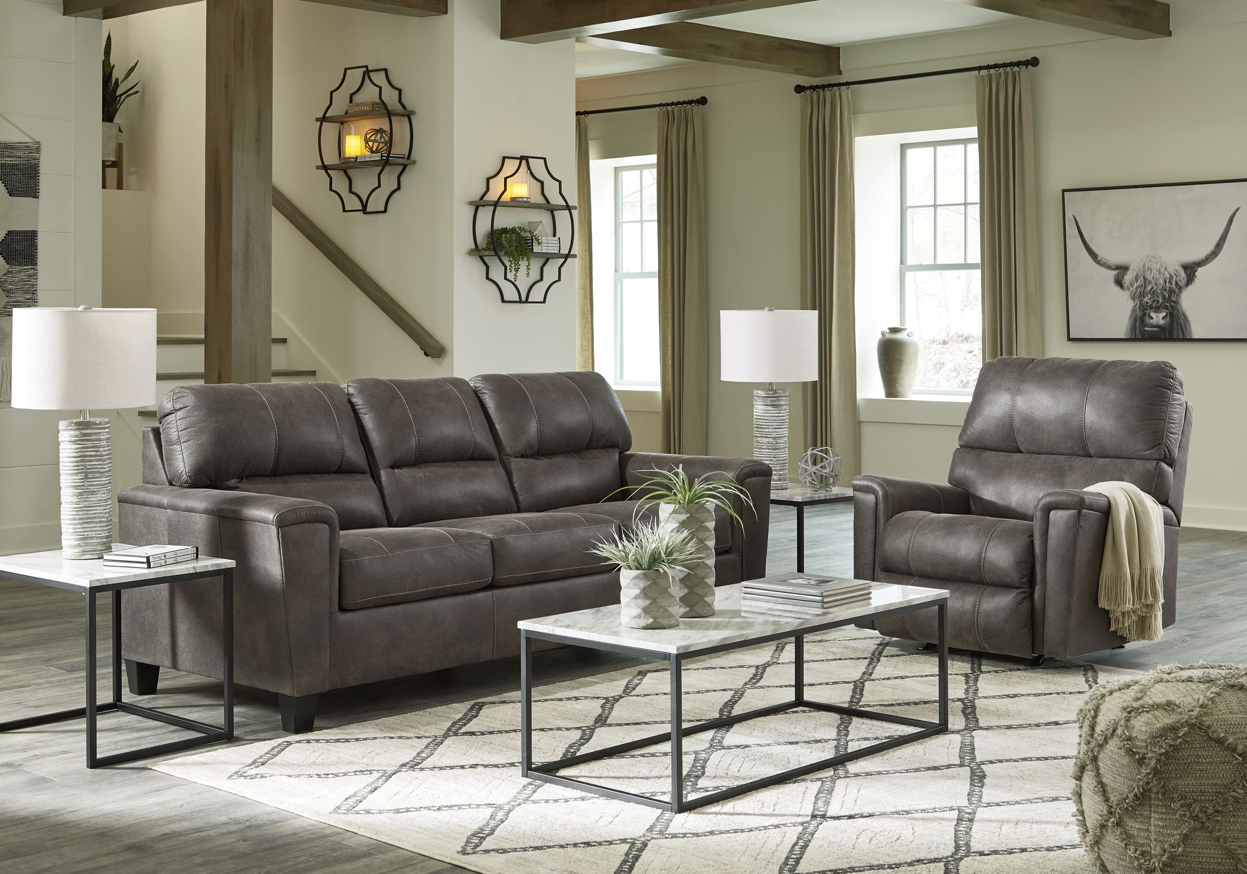 Ashley Navi Faux Smoke Leather Sofa And Recliner