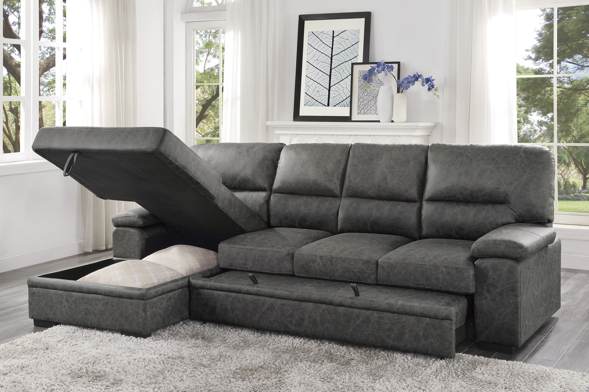 Michigan Sectional with Pull-out Bed & Hidden Storage, Left Chaise Facing Dark Gray