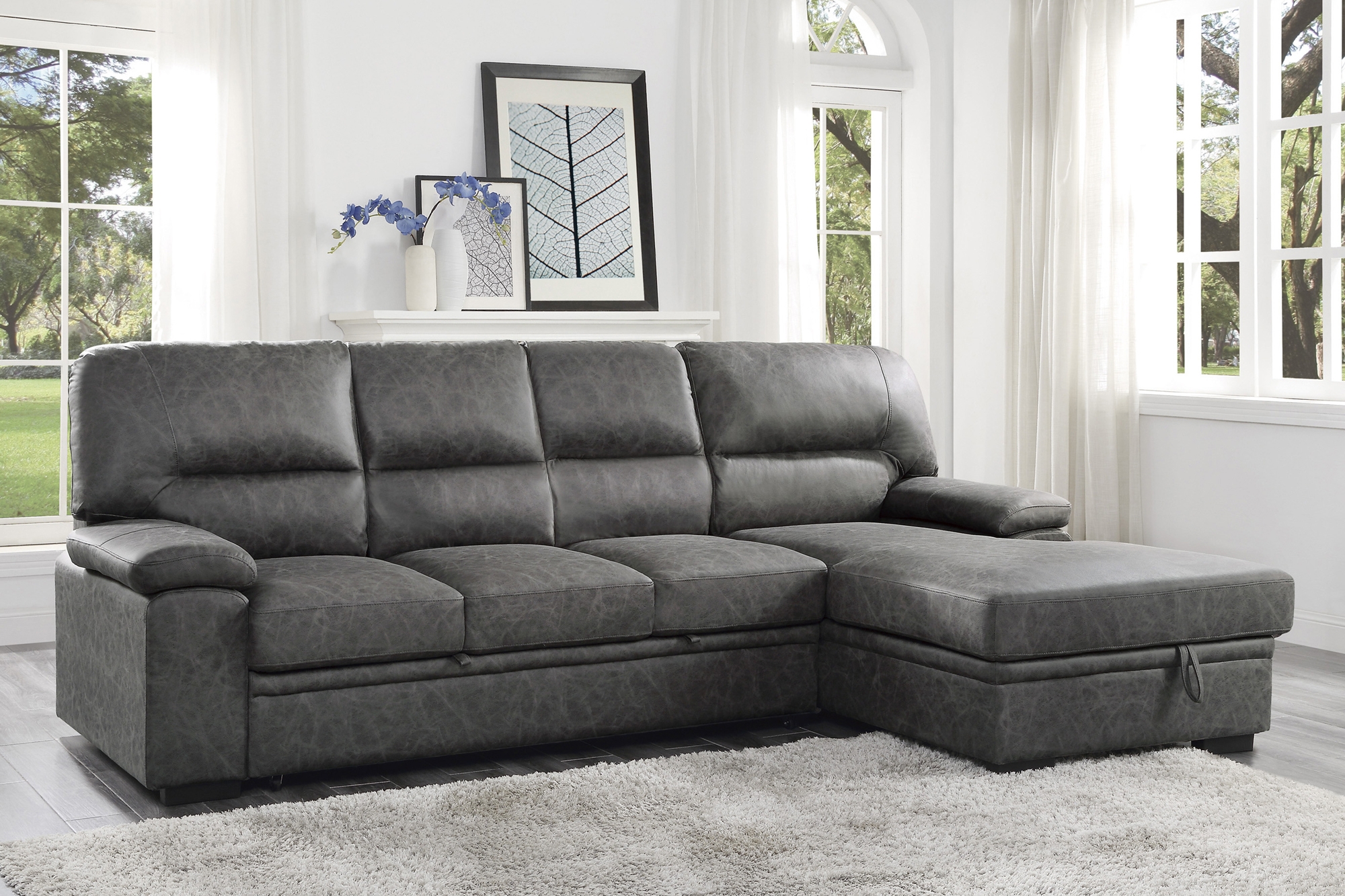 Michigan Polyester Fabric Sectional Sofa w/Pull-out Bed & Hidden Storage