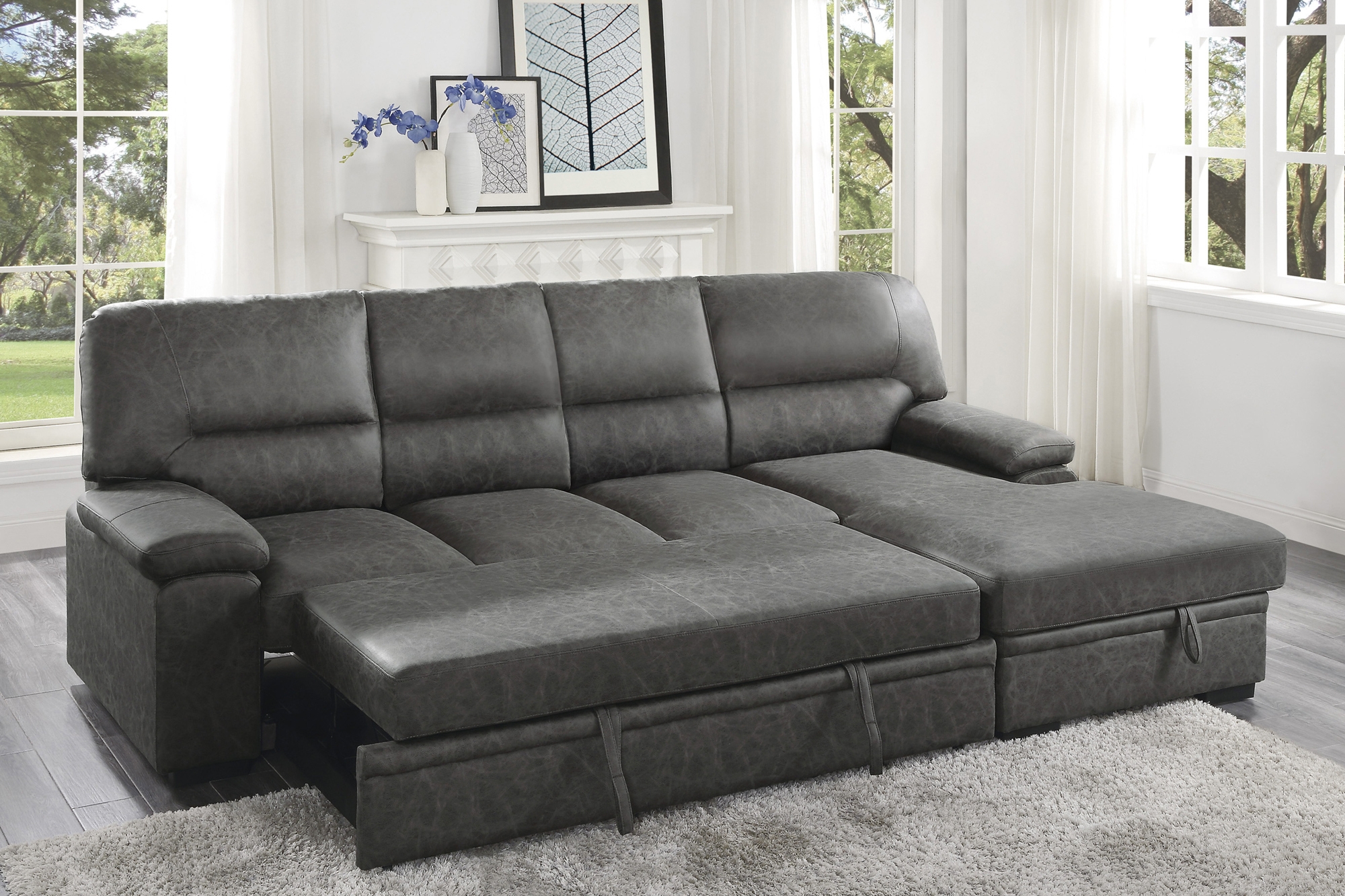 Michigan Polyester Fabric Sectional Sofa w/Pull-out Bed & Hidden Storage