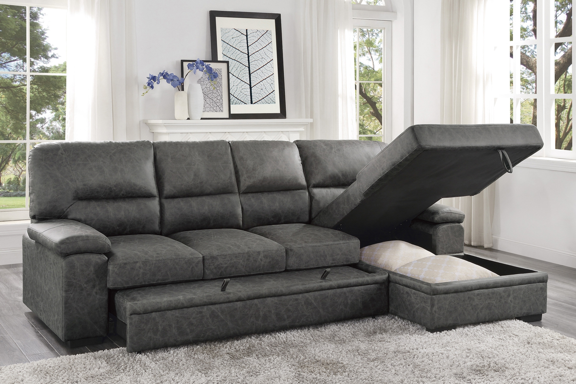 Michigan Polyester Fabric Sectional Sofa w/Pull-out Bed & Hidden Storage