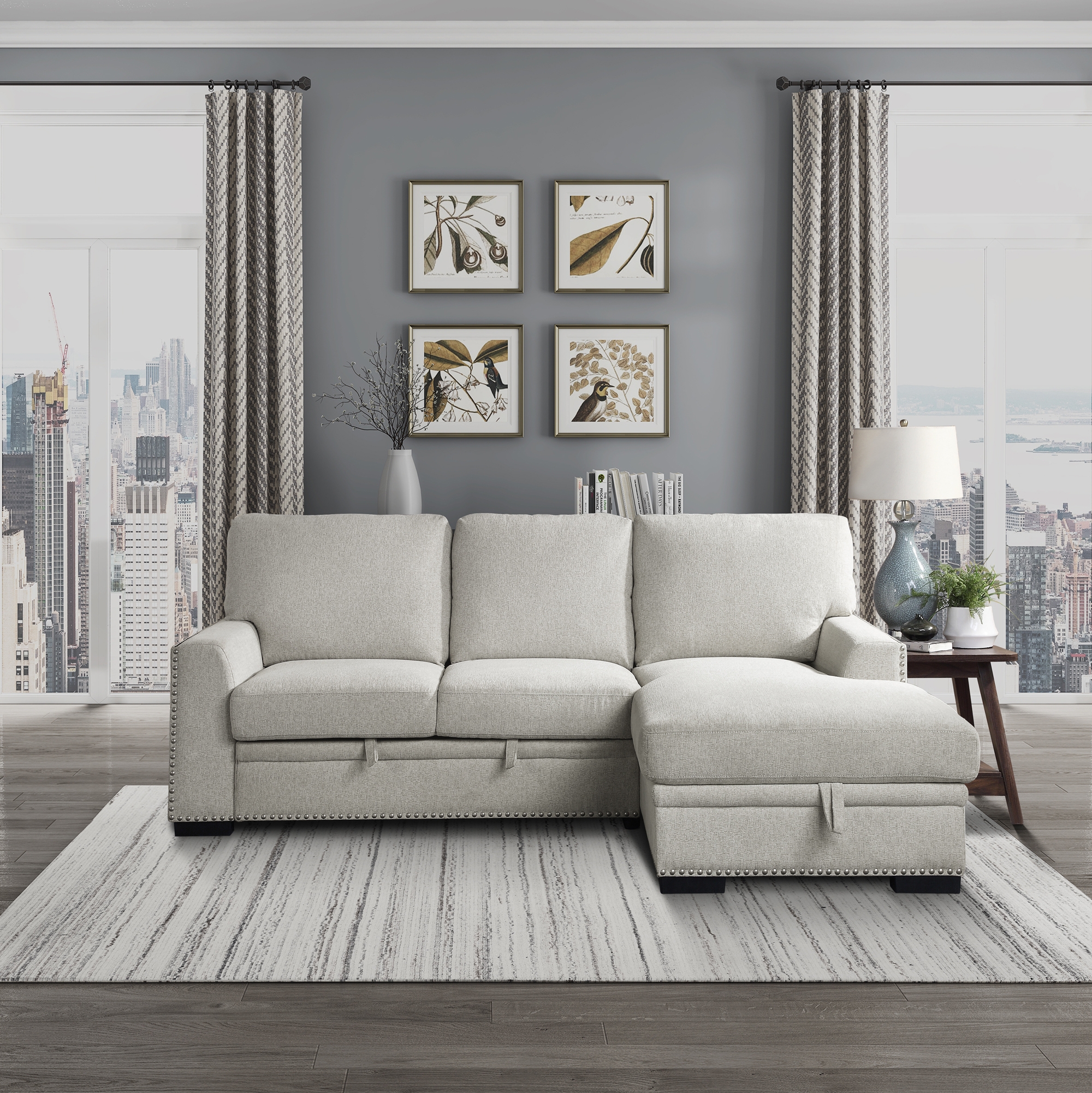 Morelia Fabric Sectional with Pull-out Bed and Hidden Storage, Right Chaise Facing