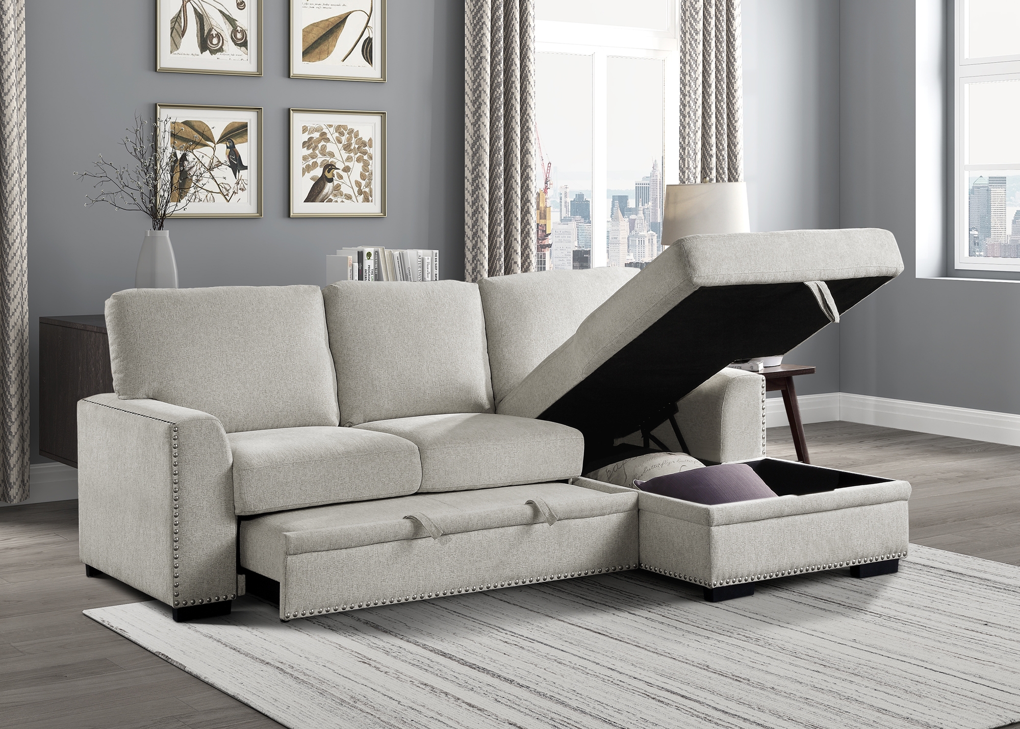 Morelia Fabric Sectional with Pull-out Bed and Hidden Storage, Right Chaise Facing
