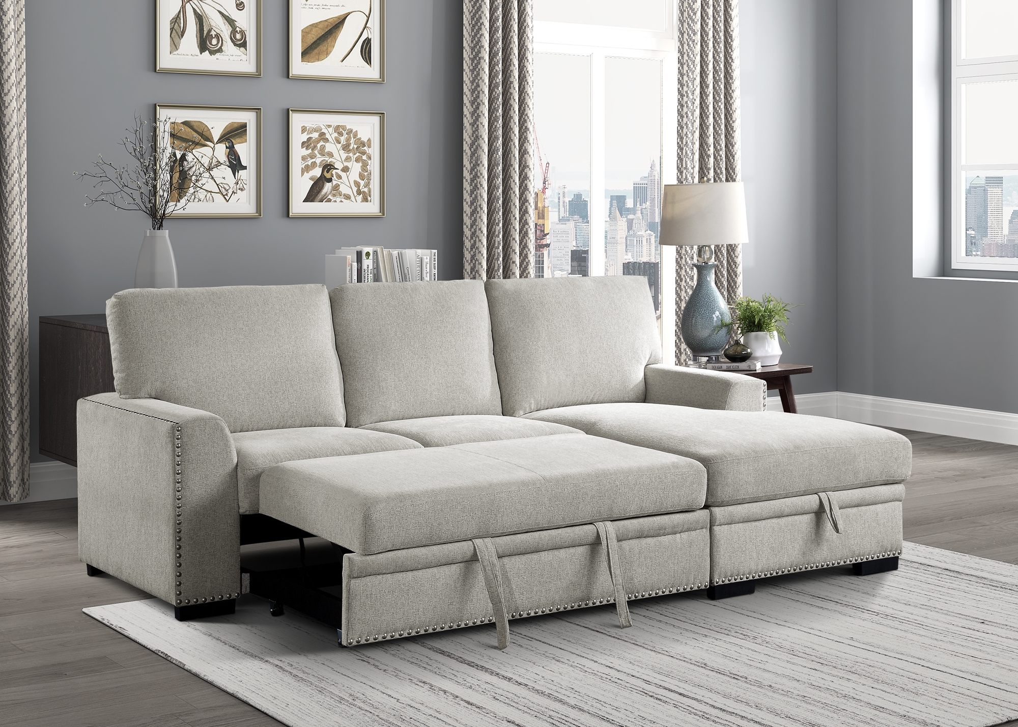 Morelia Fabric Sectional with Pull-out Bed and Hidden Storage, Right Chaise Facing