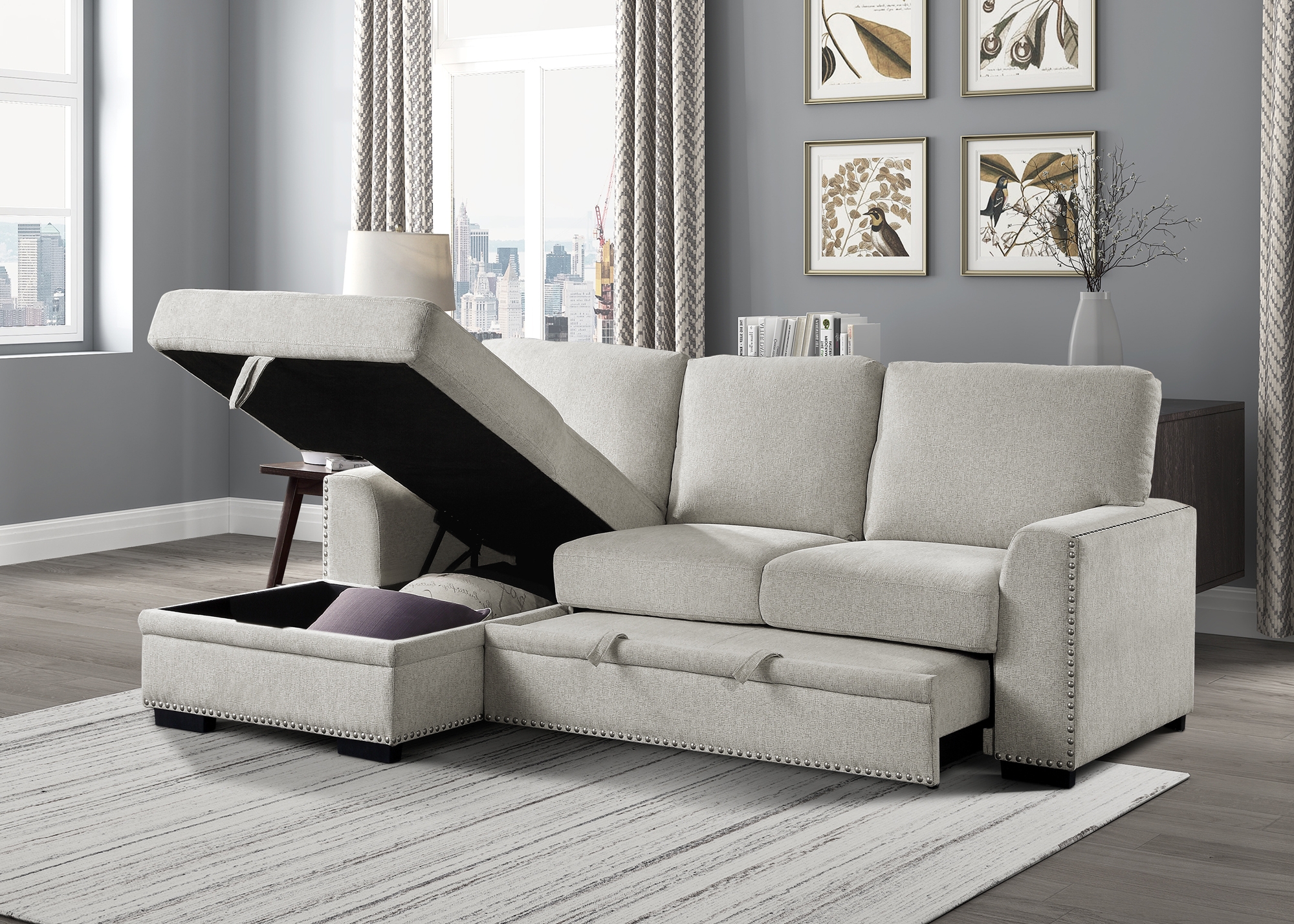 Morelia Fabric Sectional with Pull-out Bed and Hidden Storage, Left Chaise Facing